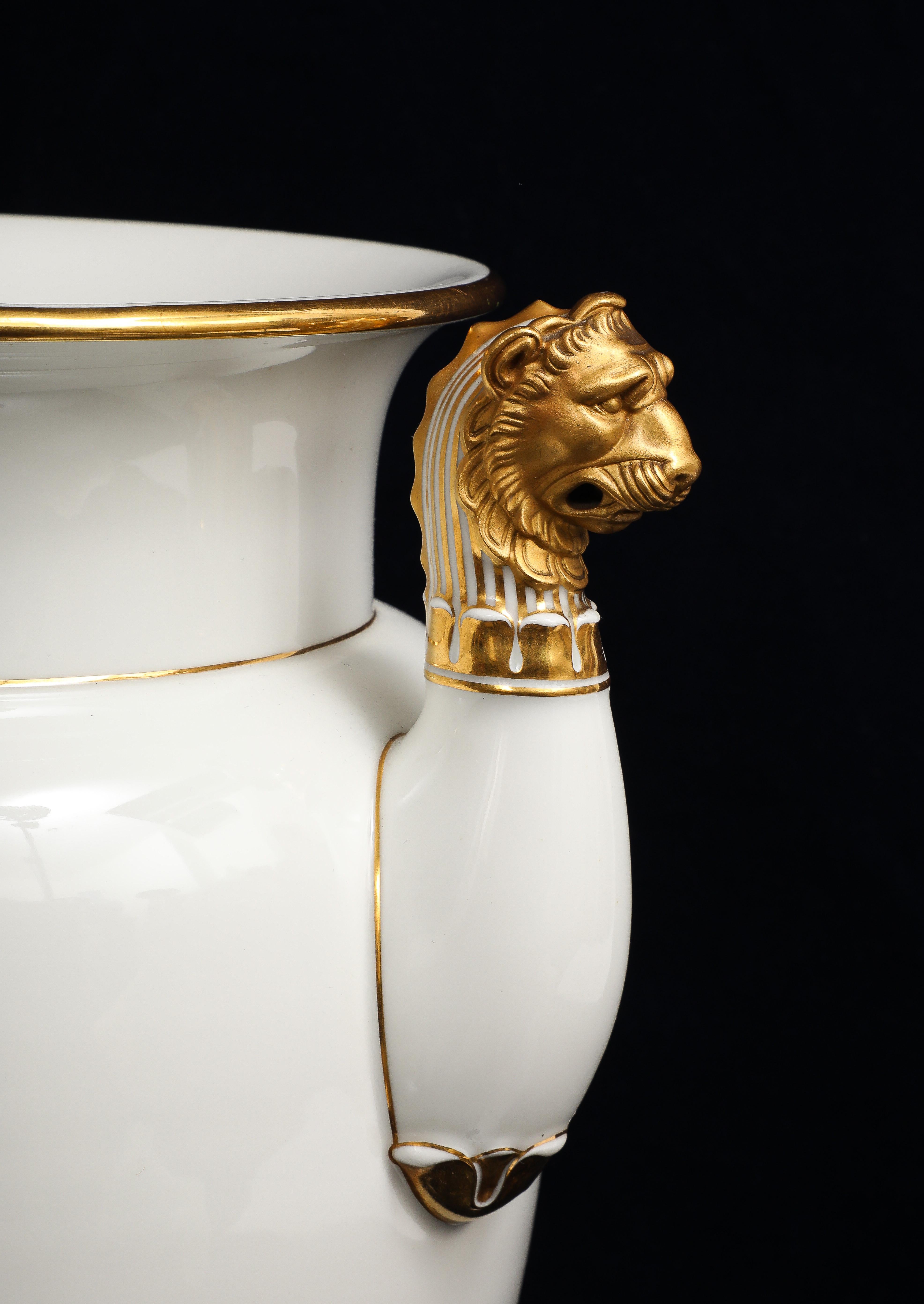 A Pair of Sevres Porcelain White Ground & 24K Gold vases w Lion Head Handles in vendita 6