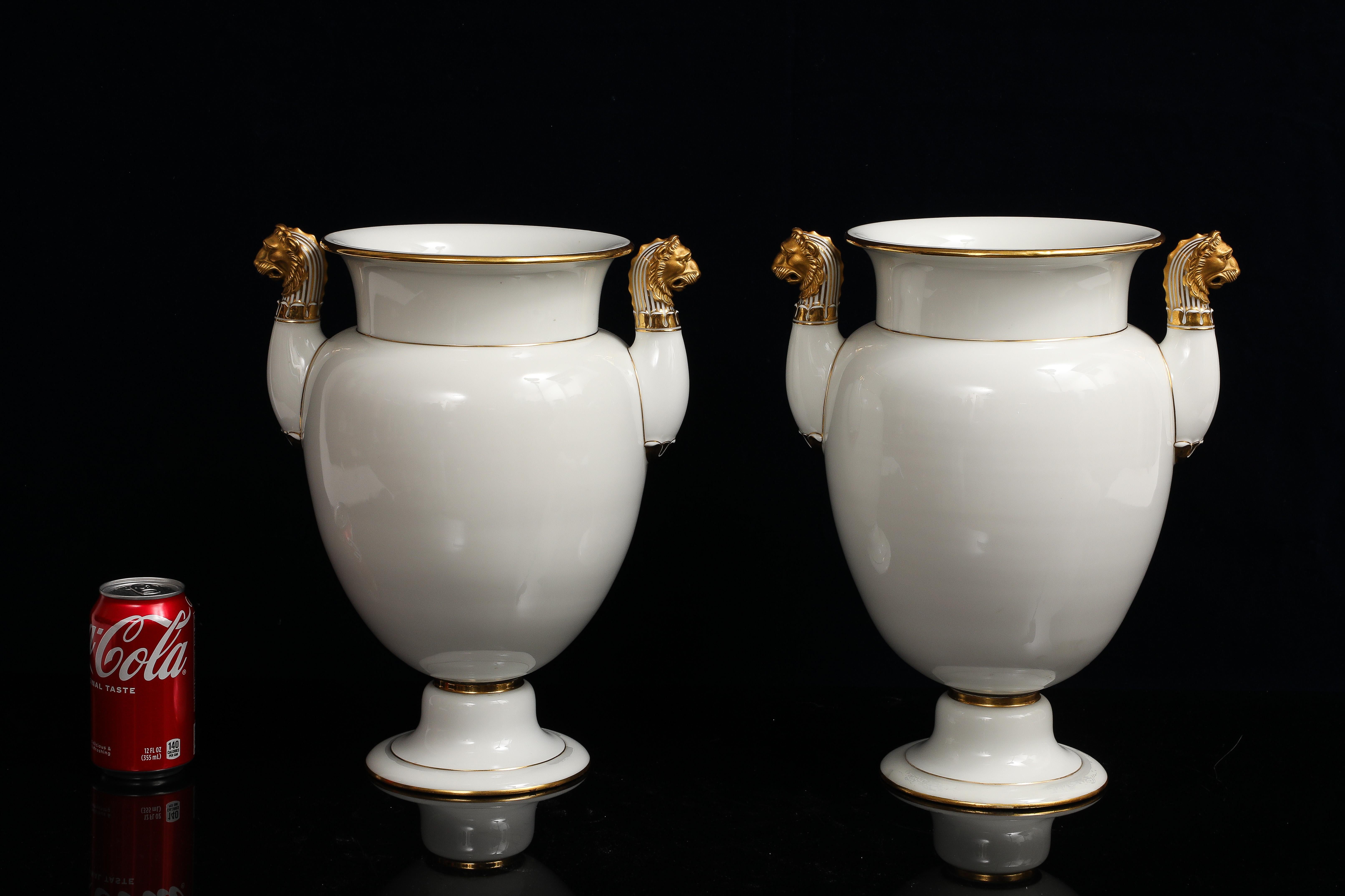 A Pair of Sevres Porcelain White Ground & 24K Gold vases w Lion Head Handles in vendita 2