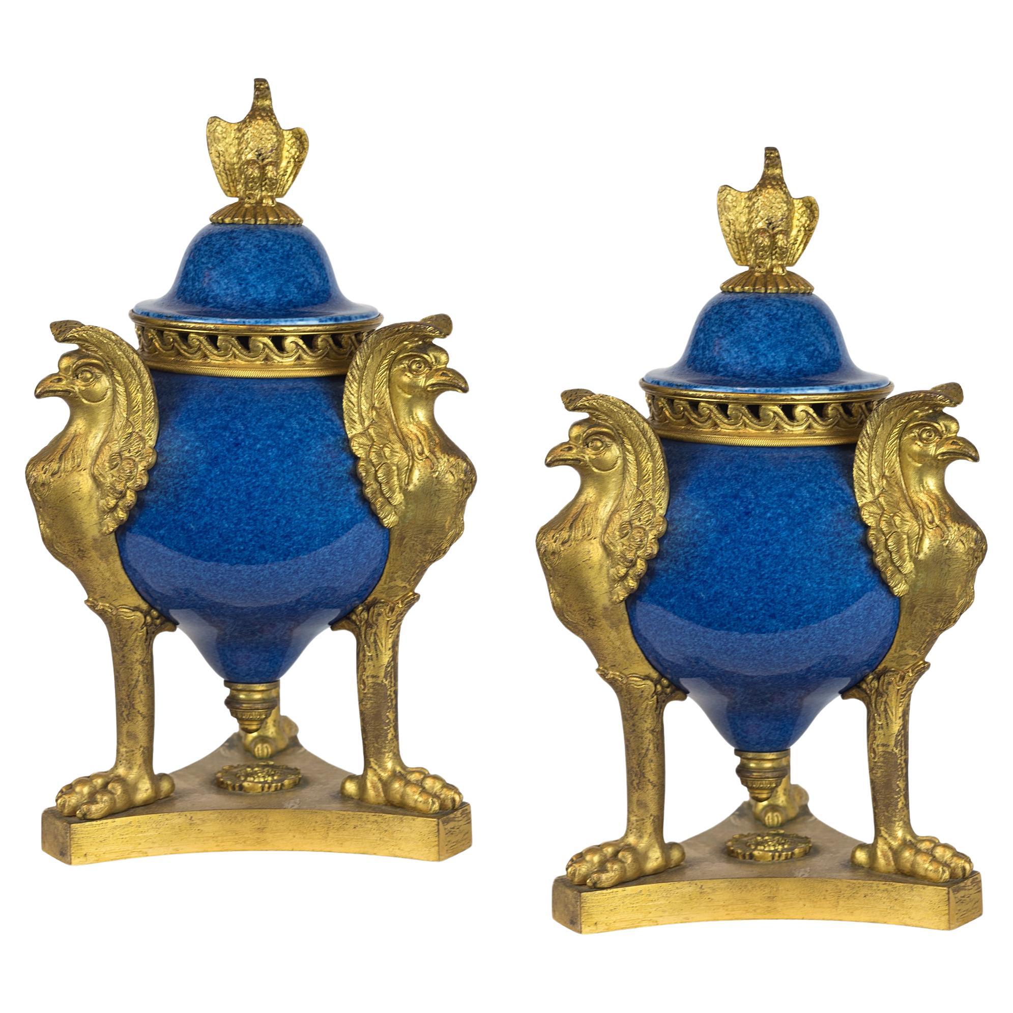 A Pair of Sèvres Style Cobalt Blue-Ground and Ormolu Mounted Brule Parfums  For Sale