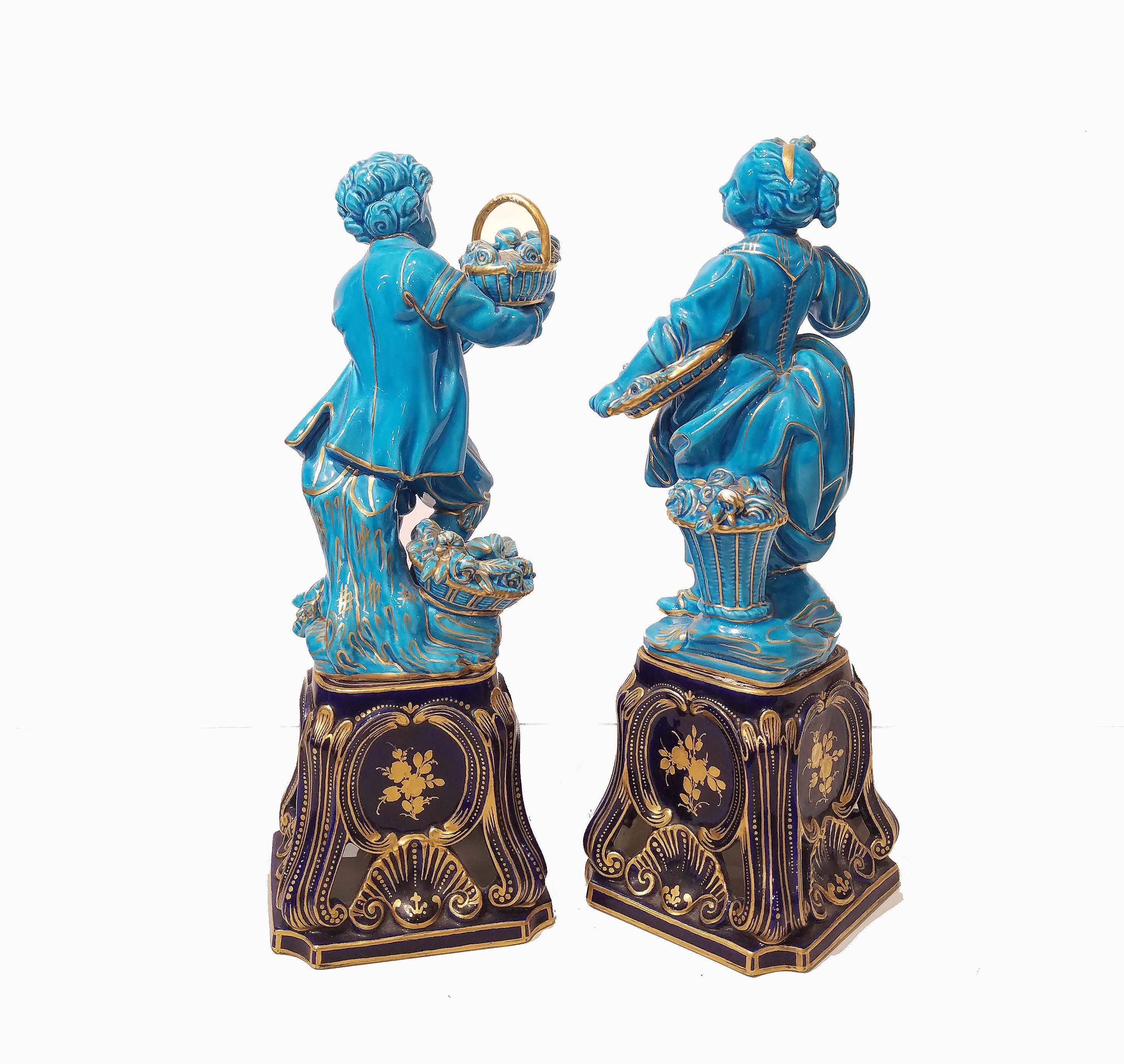 Louis XVI Pair of Sevres Style Porcelain Turquoise-Glazed Figures, 19th Century