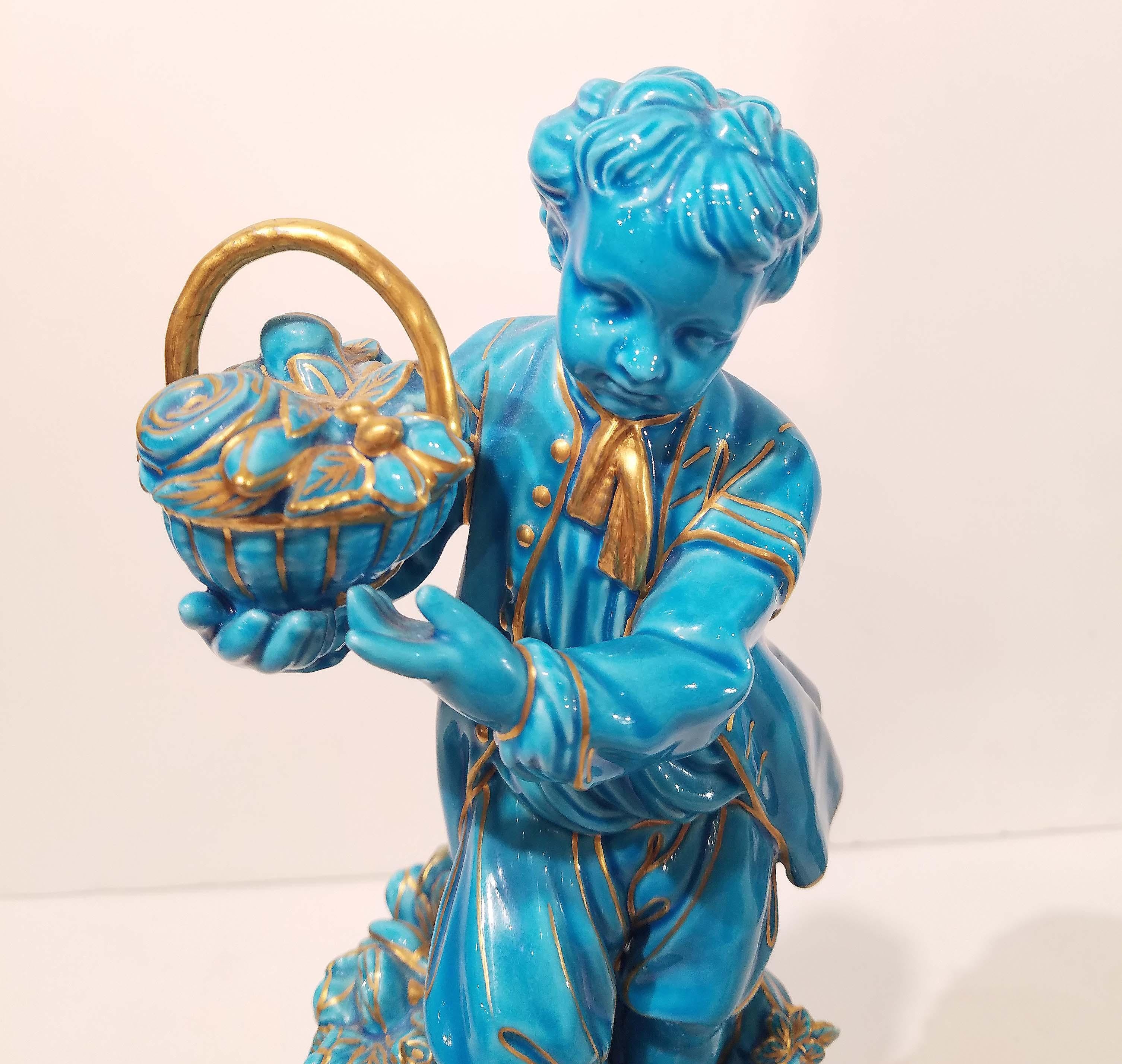 French Pair of Sevres Style Porcelain Turquoise-Glazed Figures, 19th Century