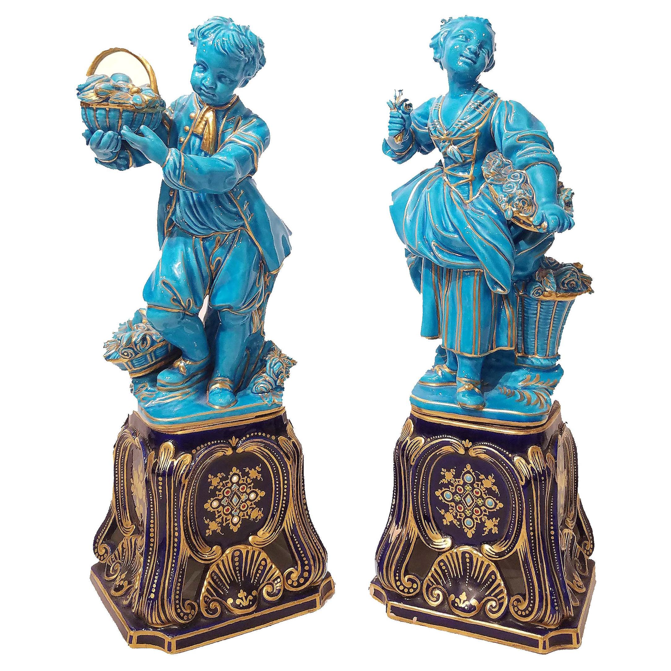 Pair of Sevres Style Porcelain Turquoise-Glazed Figures, 19th Century