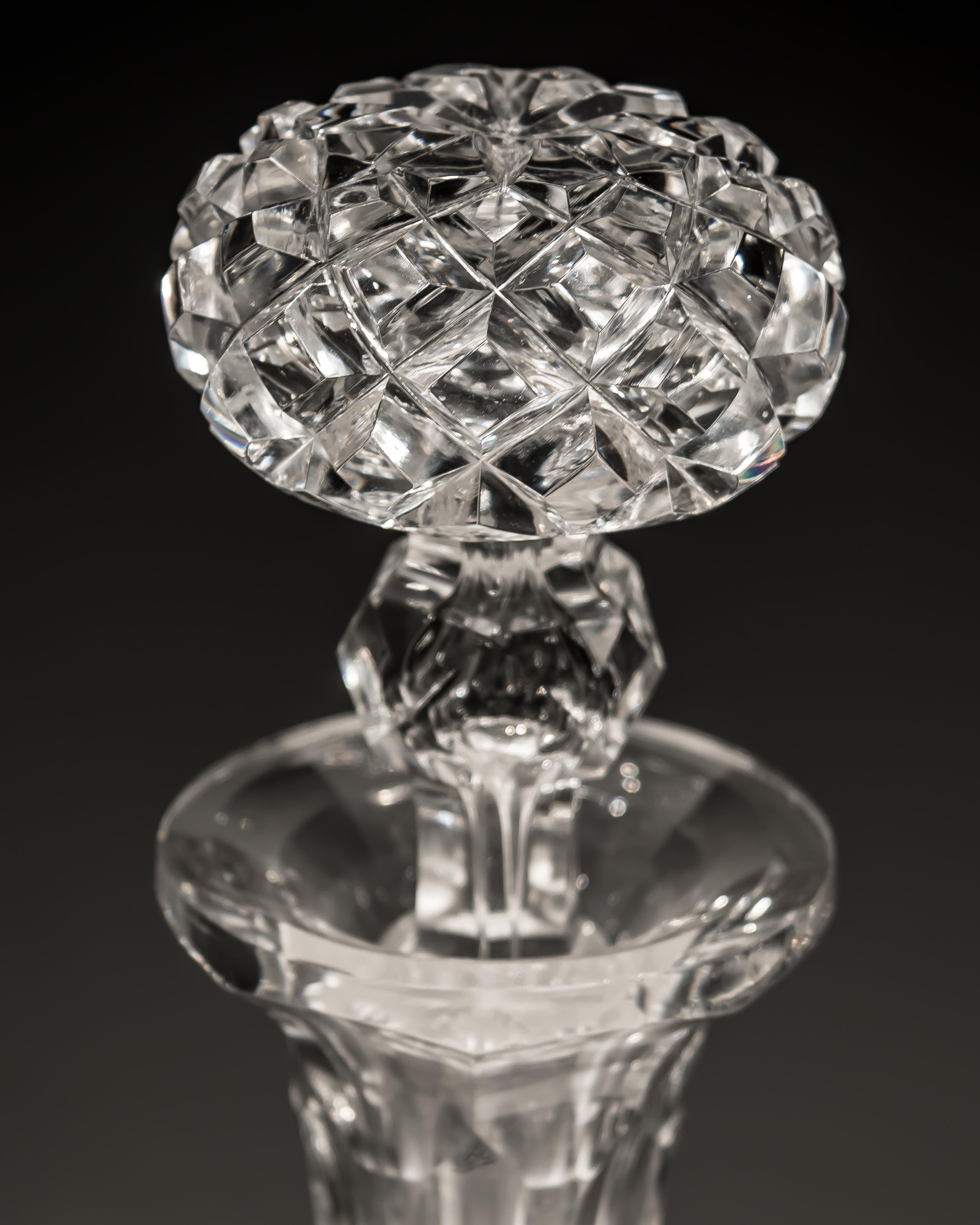 British Pair of Shaft and Globe Flat Diamond Cut Victorian Decanters