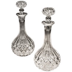 Pair of Shaft and Globe Flat Diamond Cut Victorian Decanters