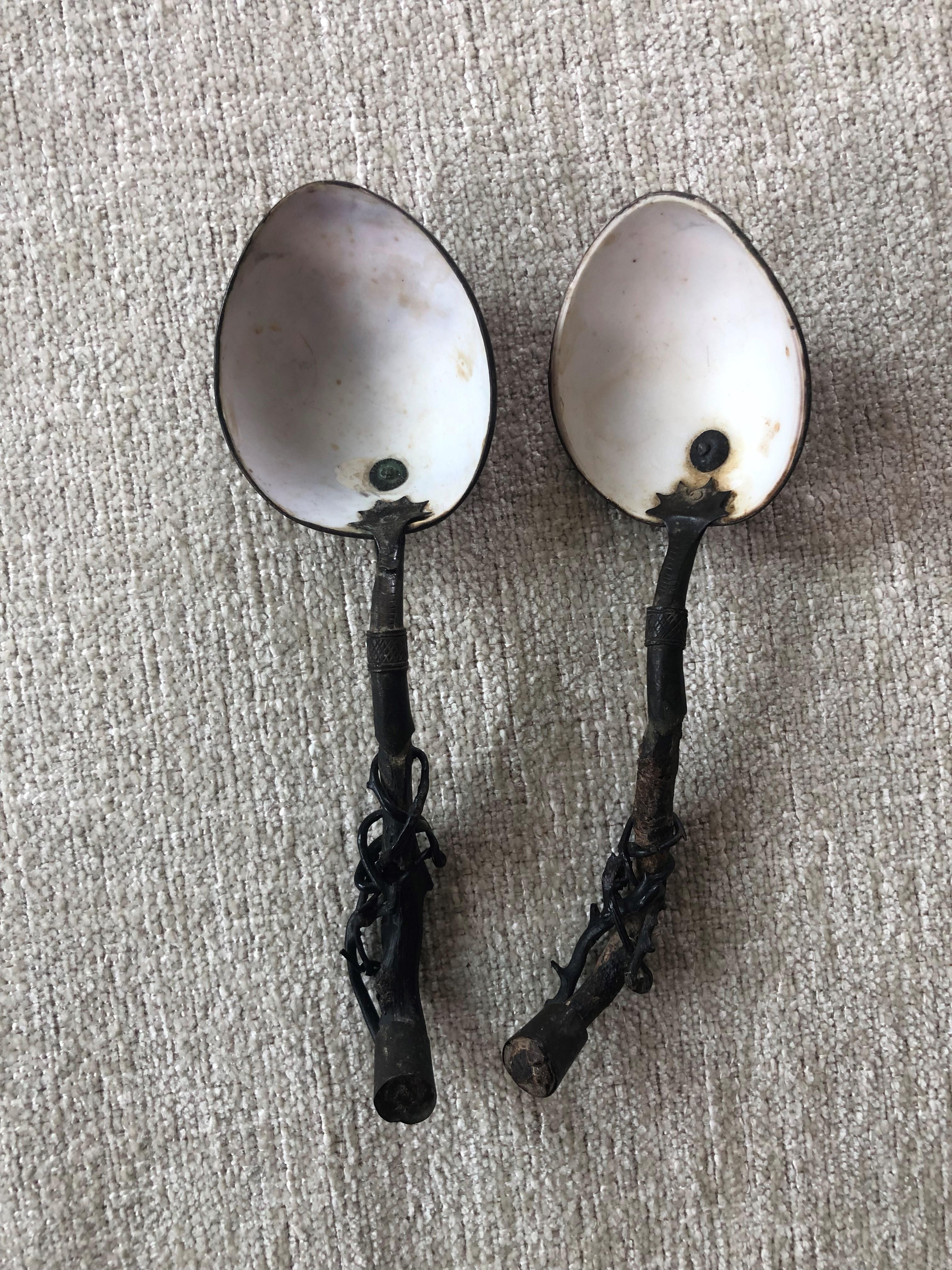 Pair of shell and twisted root spoons from the early 19th C. Handcrafted in Japan in a style that was celebrating nature. Very unique and rare.