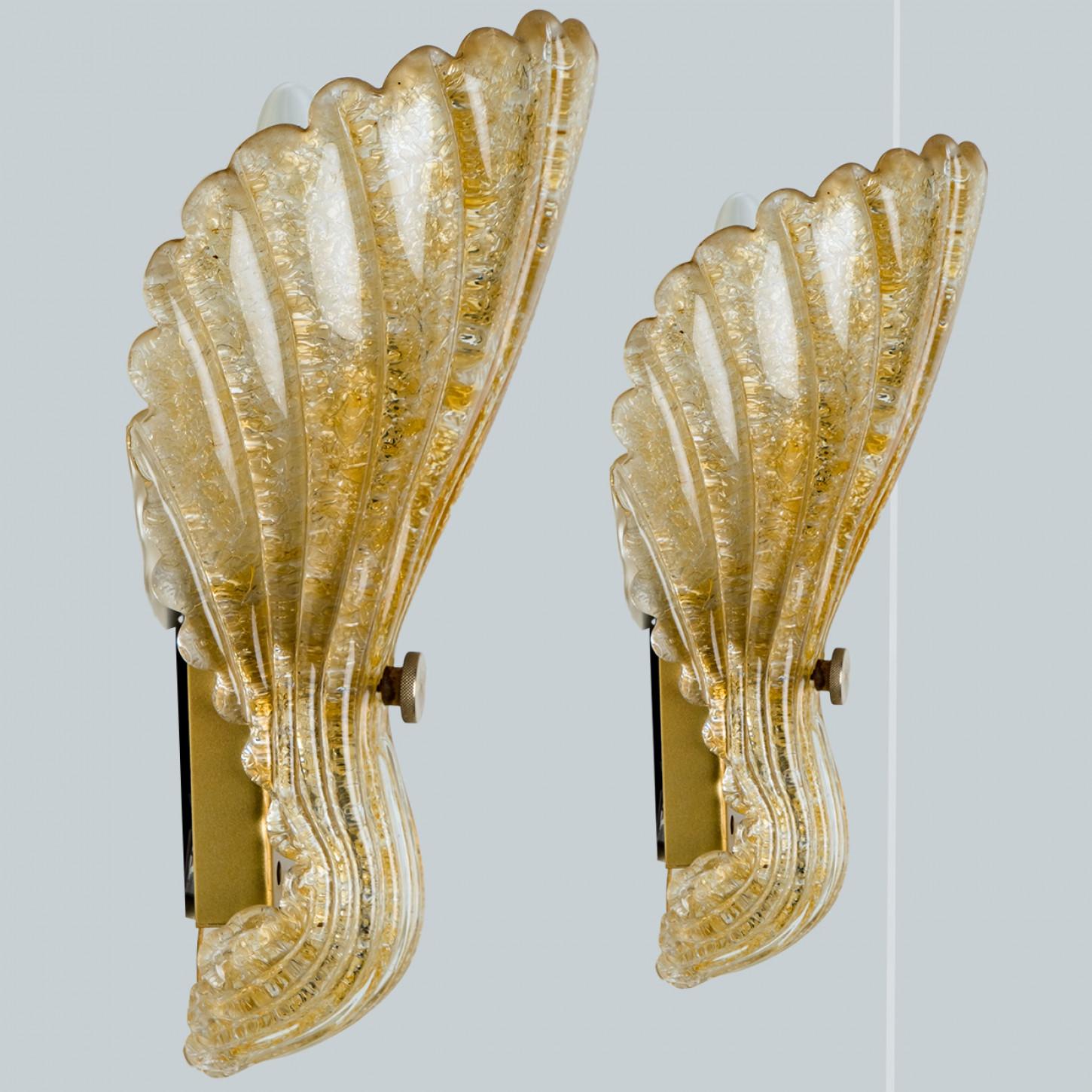 Brass A pair of Shell Wall Lights Murano Glass Barovier & Toso, Italy, 1969 For Sale
