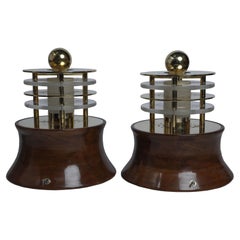 A pair of Ship's Stateroom Brass, Teak and Frosted Glass Table Lamps, 1980's