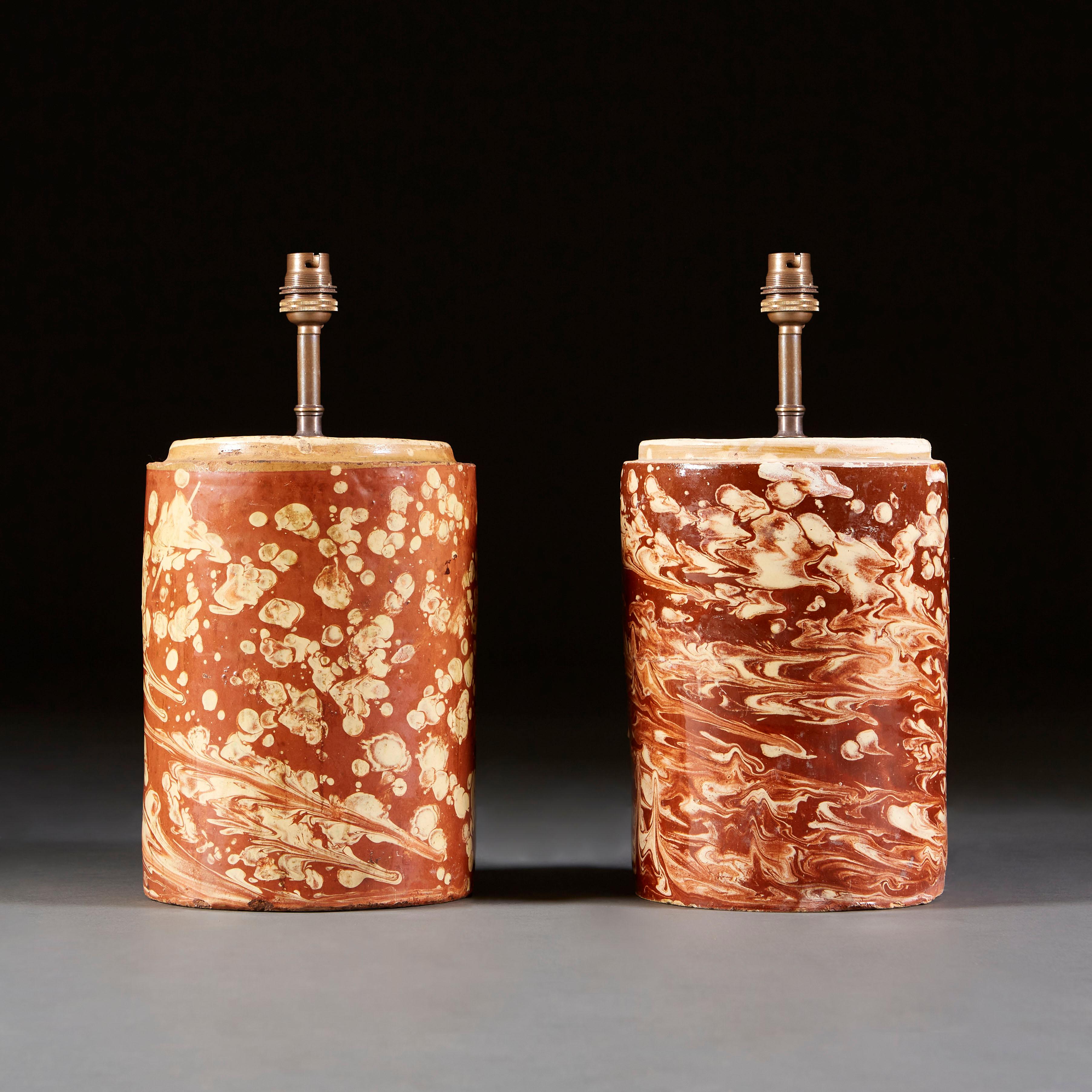 Italian Pair of Sicilian Pharmacy Jars with Marbleised Glaze as Lamps