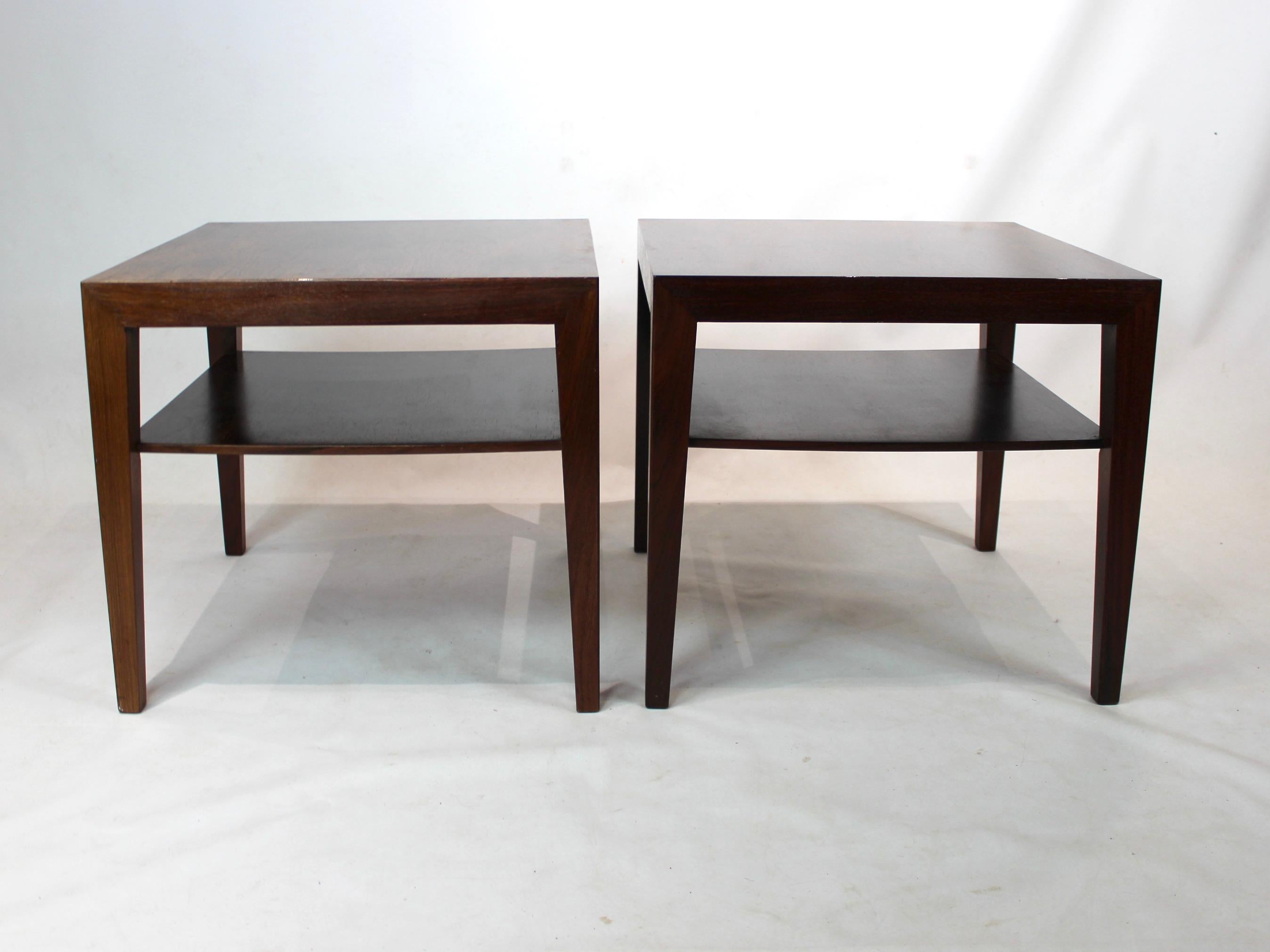 A pair of side tables in rosewood by Severin Hansen for Haslev Furniture factory from the 1960s. The tables are in great vintage condition.
Measures: H 50 cm, W 55 cm and D 55 cm.