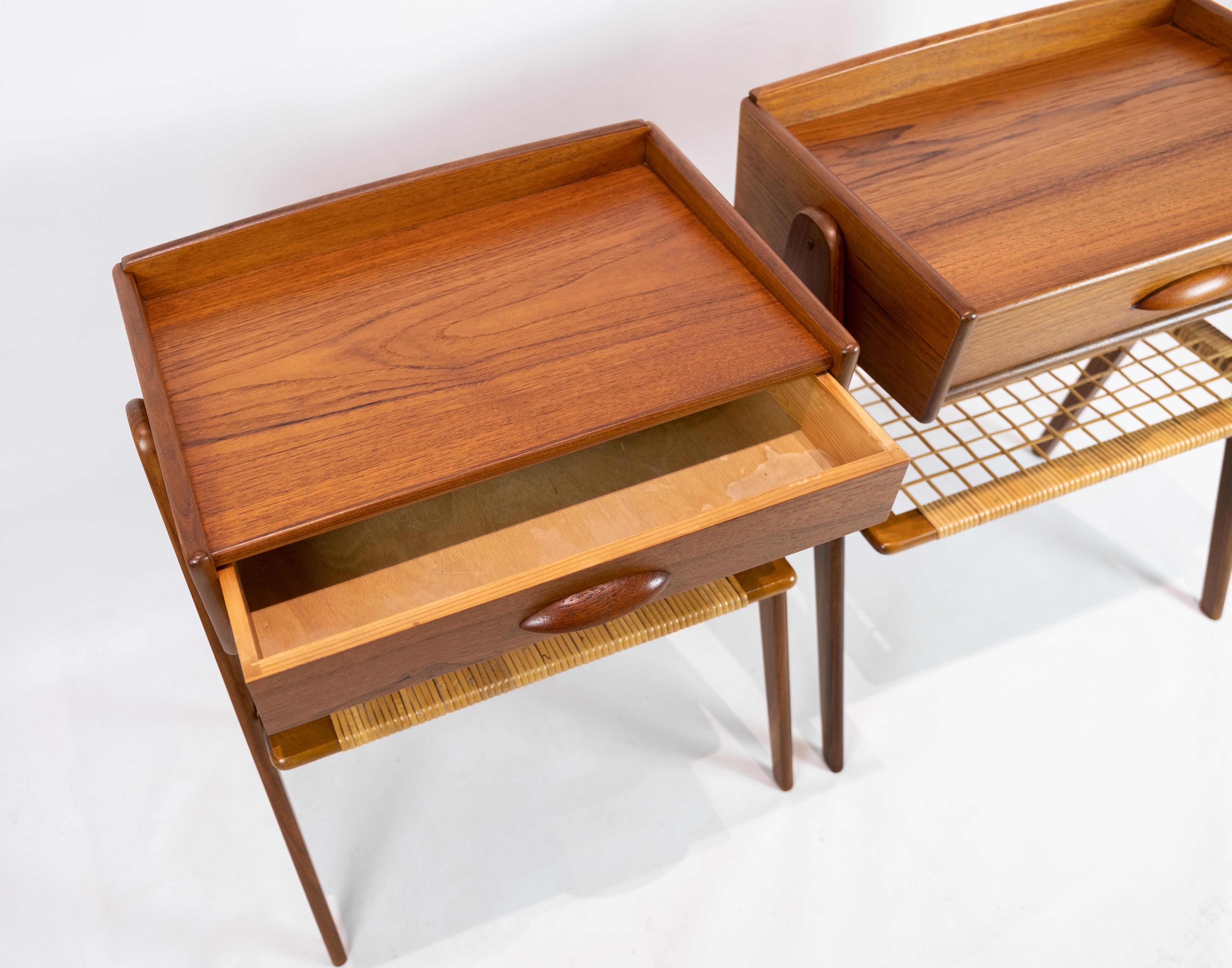 Scandinavian Modern Pair of Side Tables in Teak with Paper Cord Shelf of Danish Design, 1960s