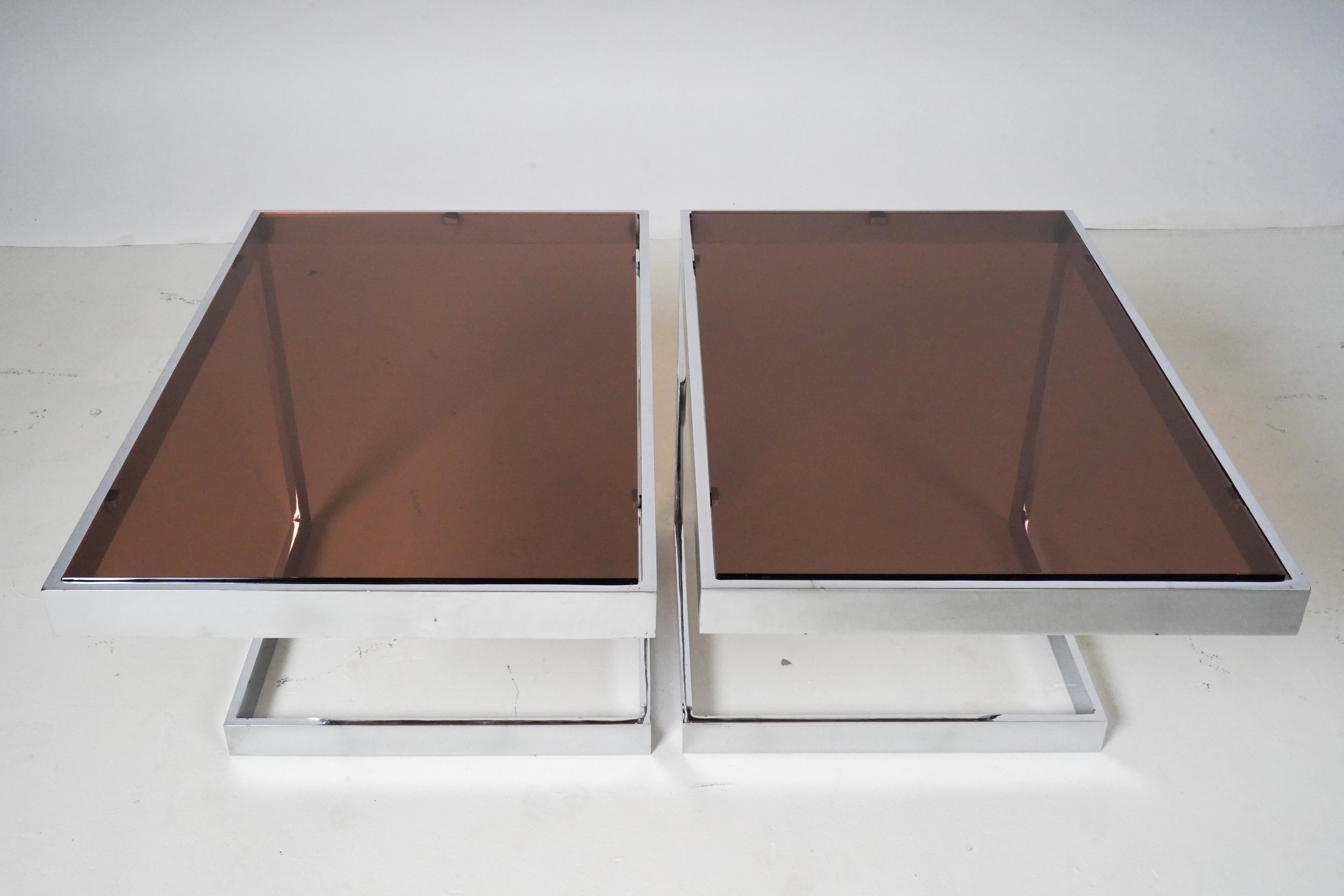 Hungarian Pair of Side Tables with Chrome Frames and Smoked Plexi Glass For Sale