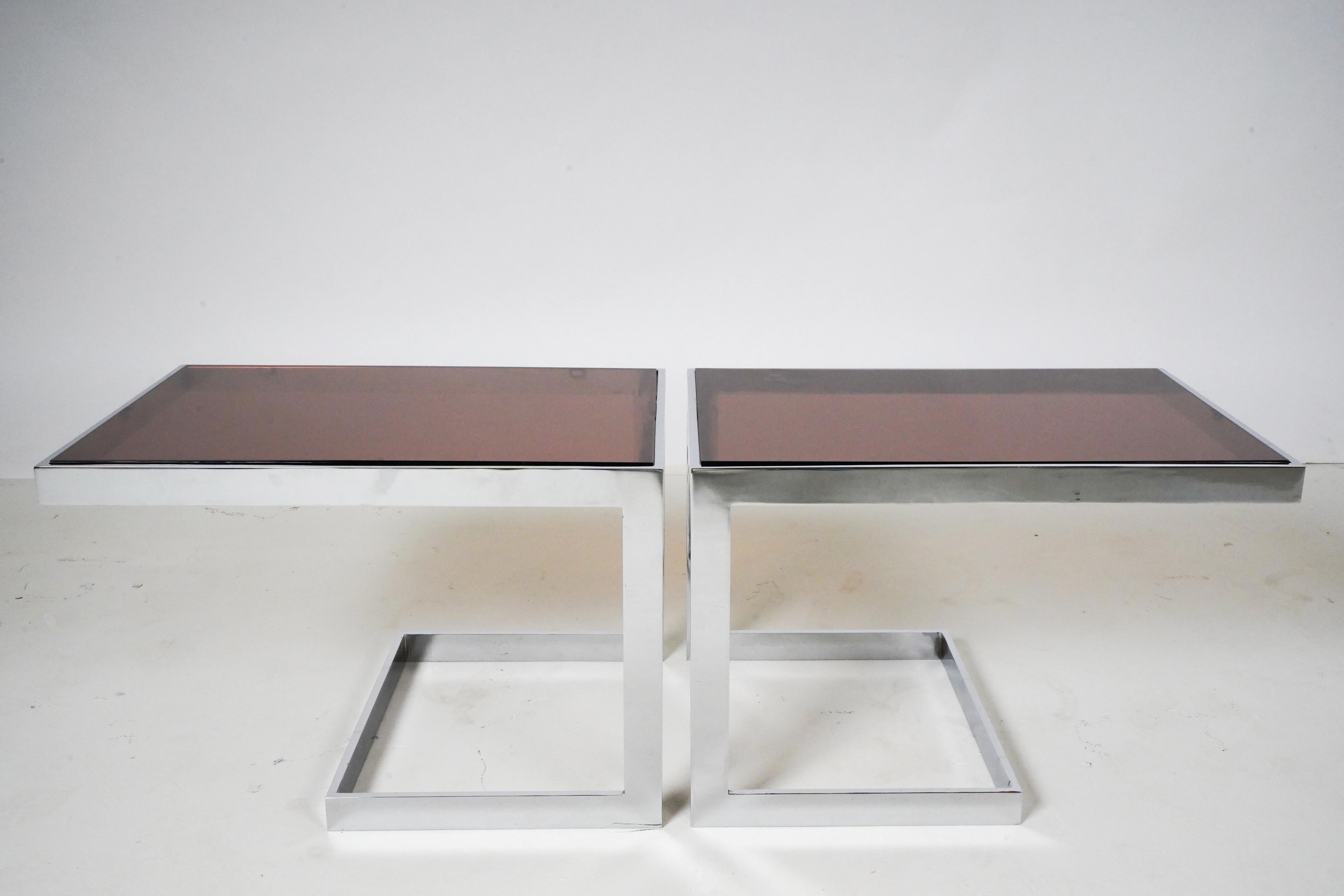 Pair of Side Tables with Chrome Frames and Smoked Plexi Glass In Good Condition For Sale In Chicago, IL