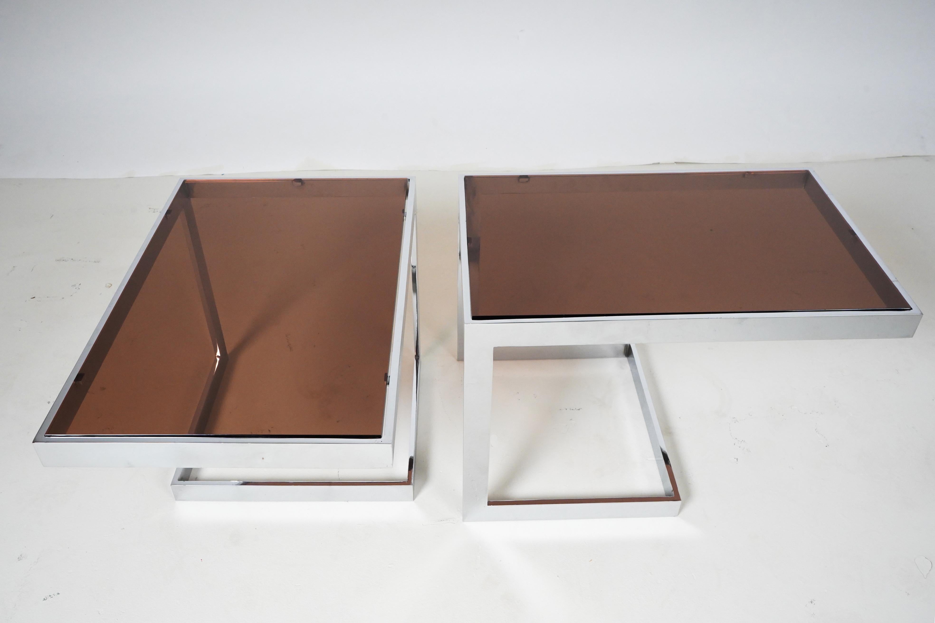 20th Century Pair of Side Tables with Chrome Frames and Smoked Plexi Glass For Sale