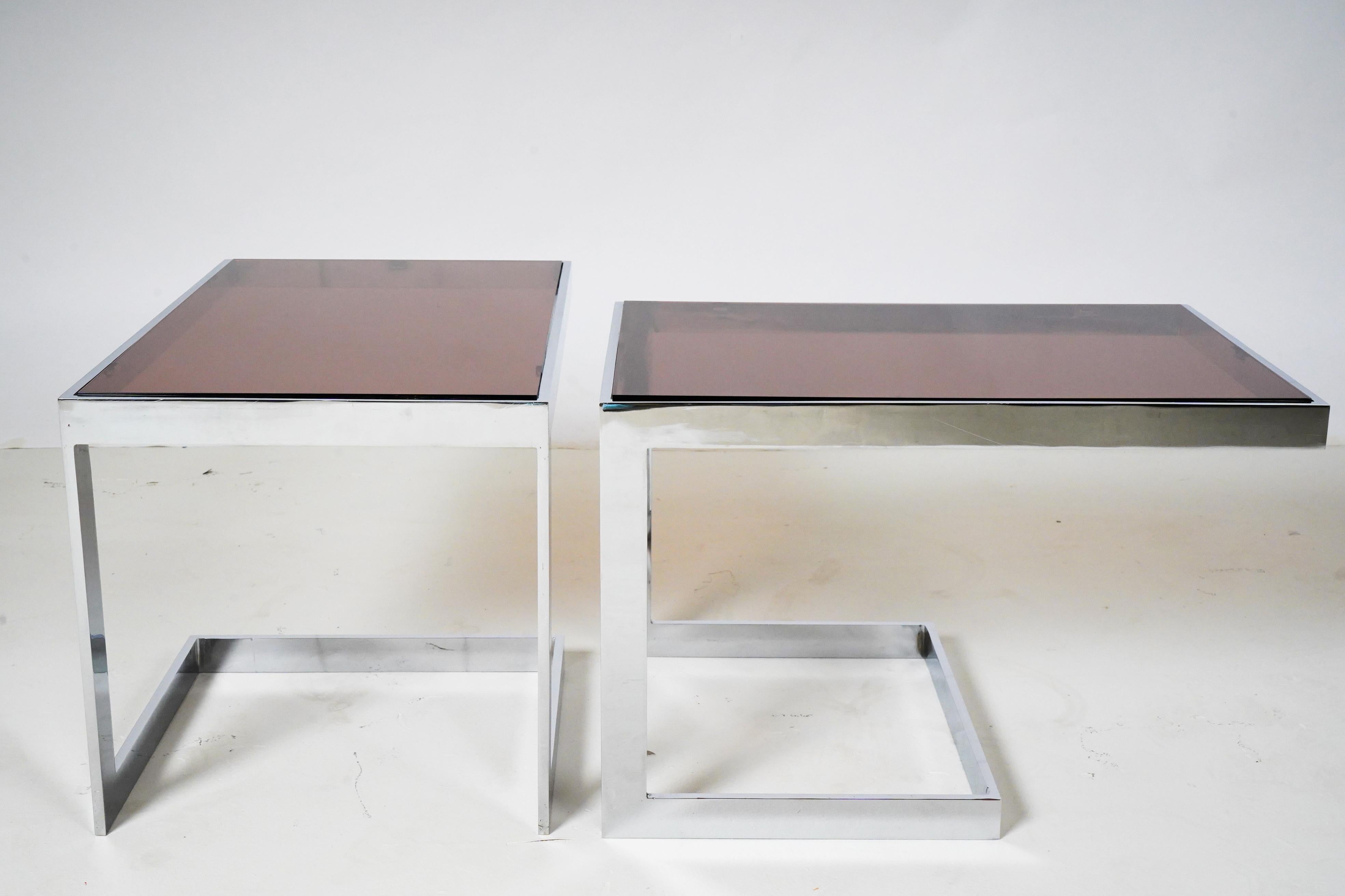 Pair of Side Tables with Chrome Frames and Smoked Plexi Glass For Sale 1