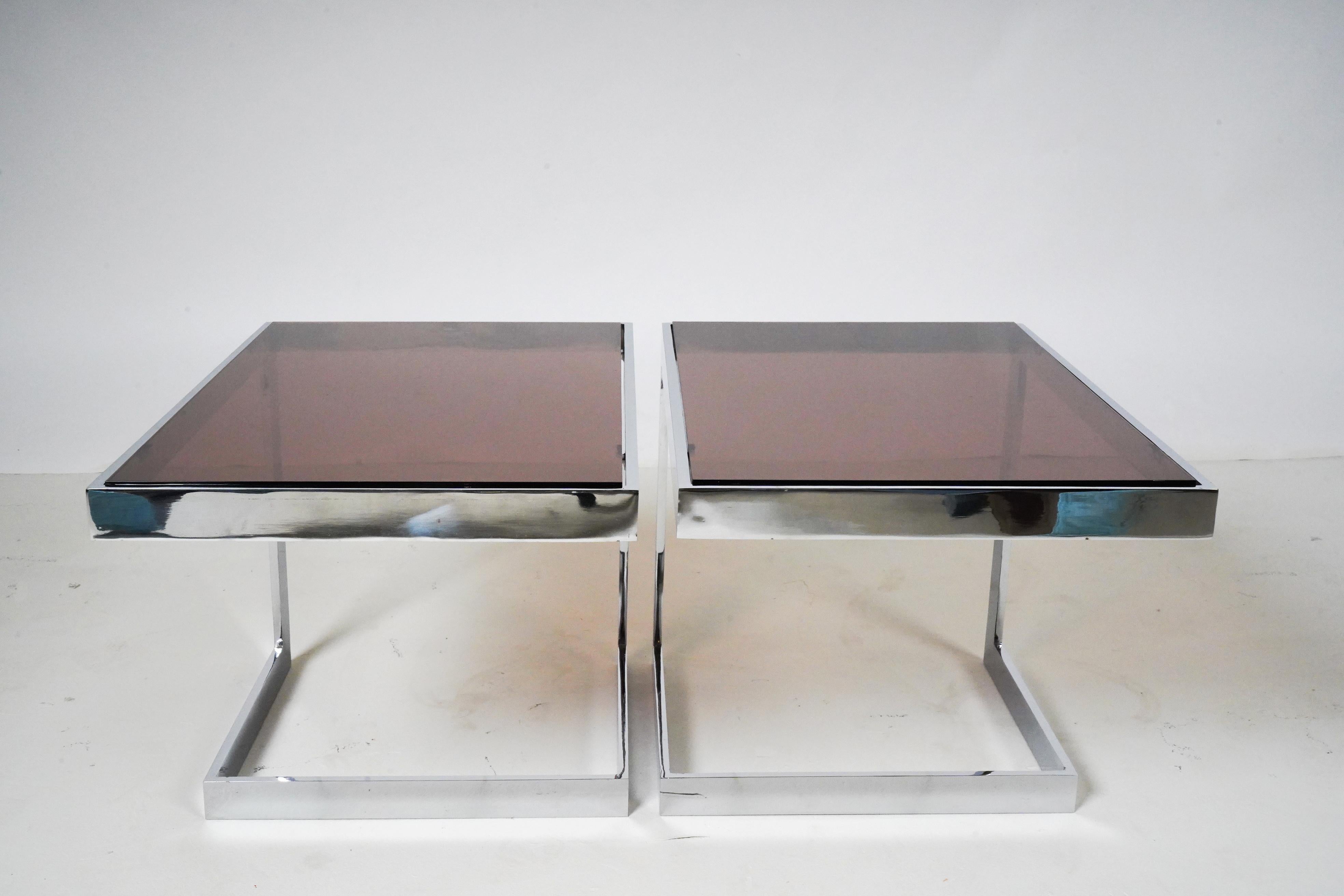 Pair of Side Tables with Chrome Frames and Smoked Plexi Glass For Sale 2