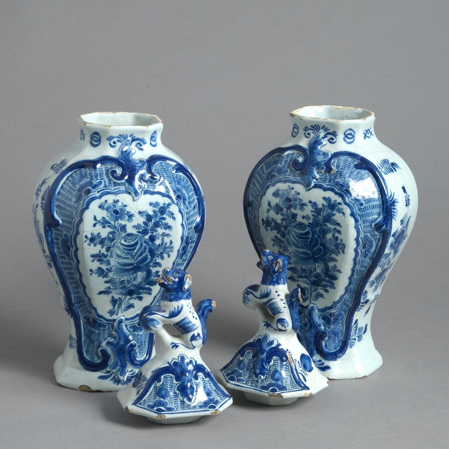 Dutch Pair of Signed 18th Century Delft Lidded Vases