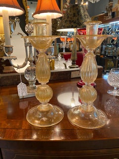 A Pair of Signed ARCHIMEDE SEGUSO Aventurine Murano Candlesticks