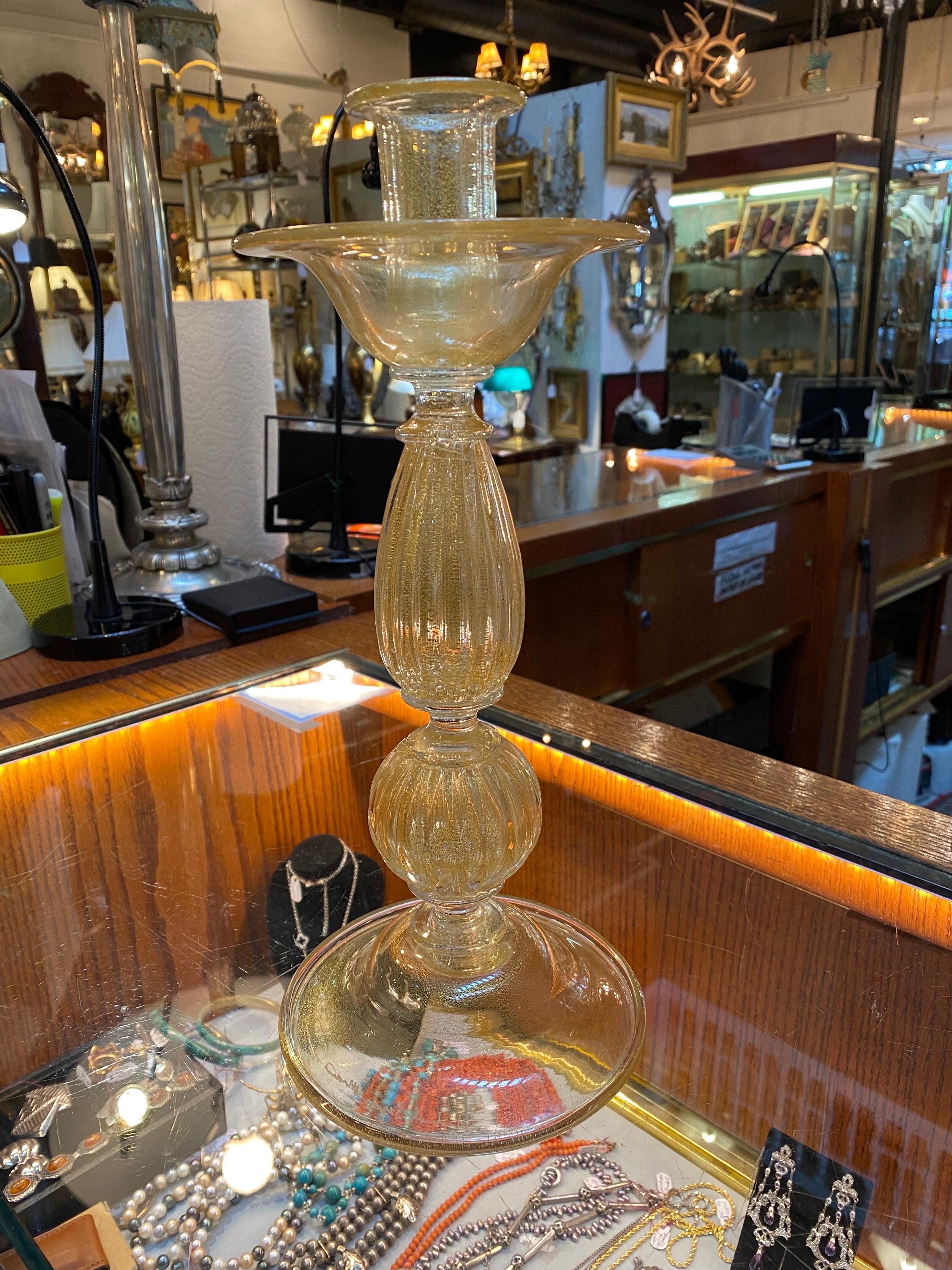 Mid-Century Modern A Pair of Signed ARCHIMEDE SEGUSO Aventurine Murano Candlesticks For Sale