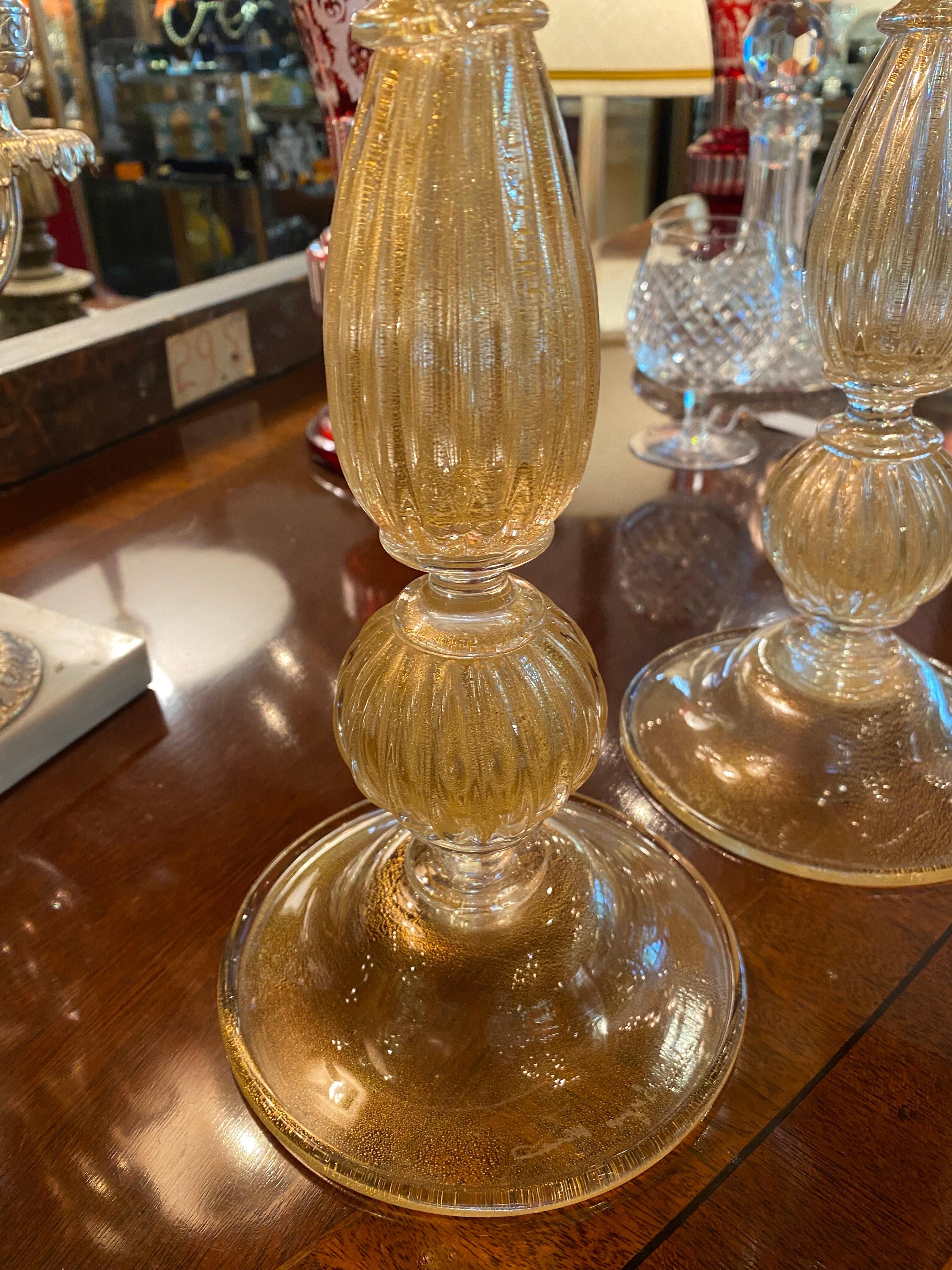 Italian A Pair of Signed ARCHIMEDE SEGUSO Aventurine Murano Candlesticks For Sale