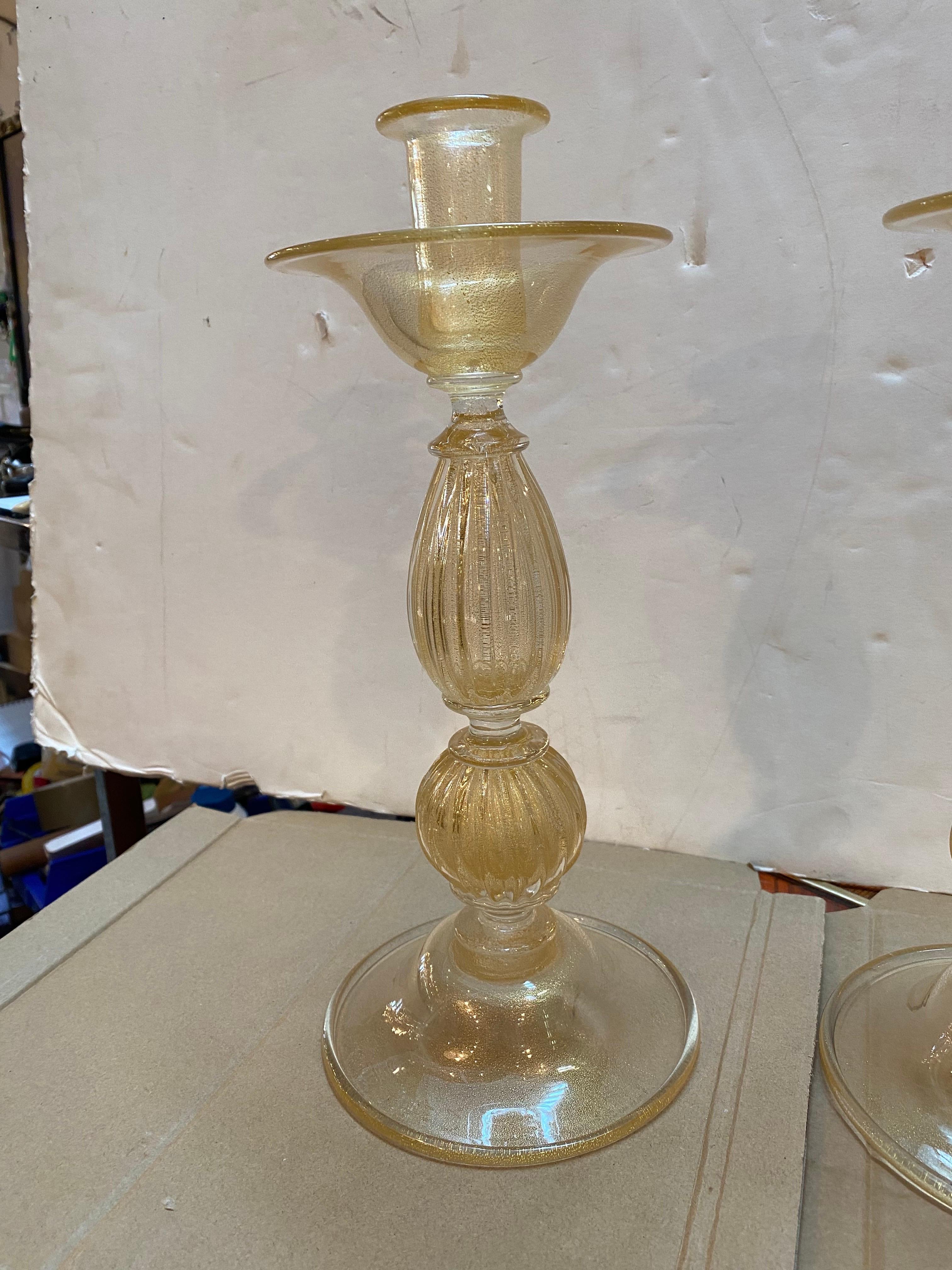 A Pair of Signed ARCHIMEDE SEGUSO Aventurine Murano Candlesticks For Sale 1