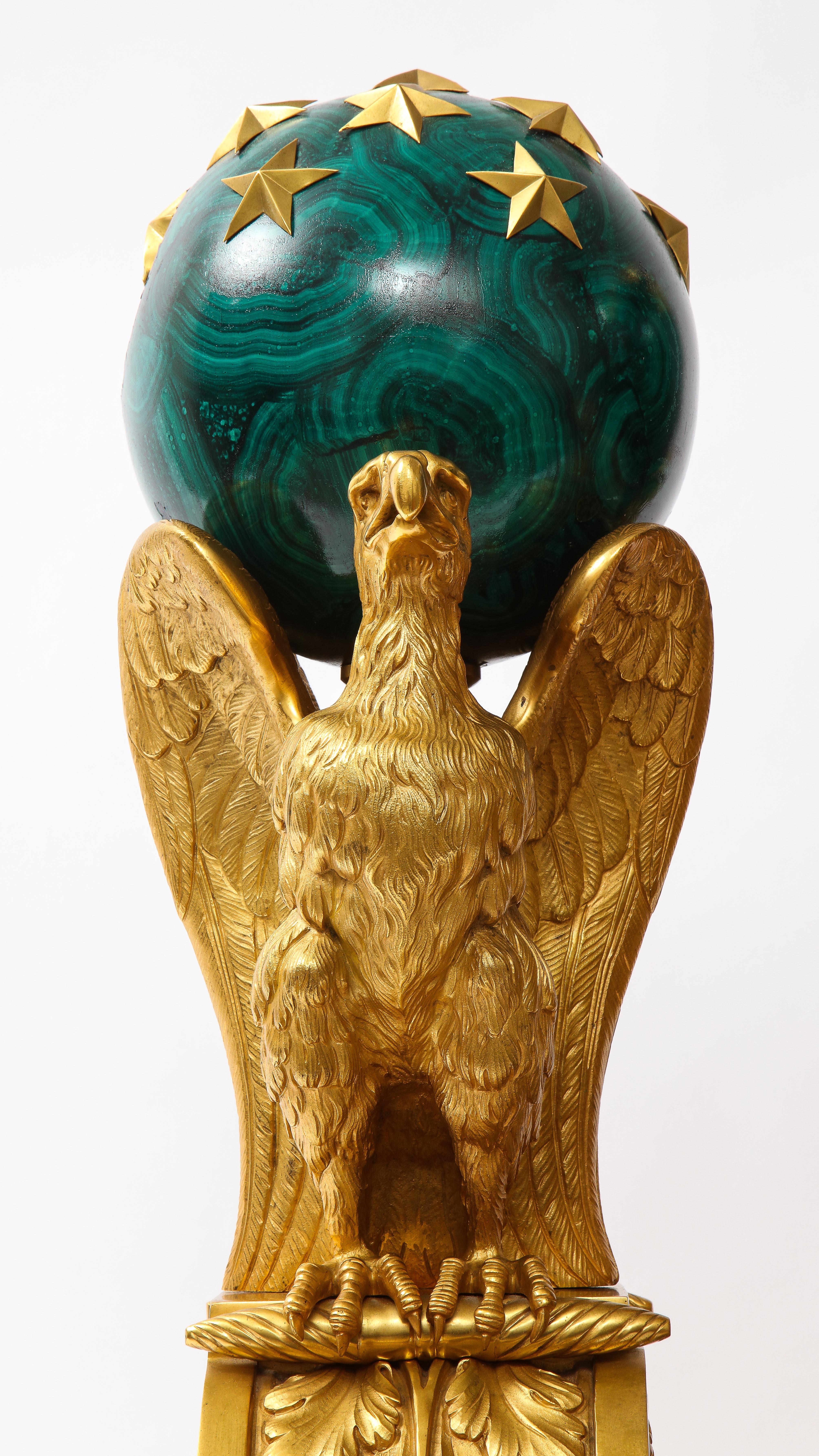 A Pair of Signed French Ormolu Double Eagle Andirons w/ Faux Malachite Globes 3