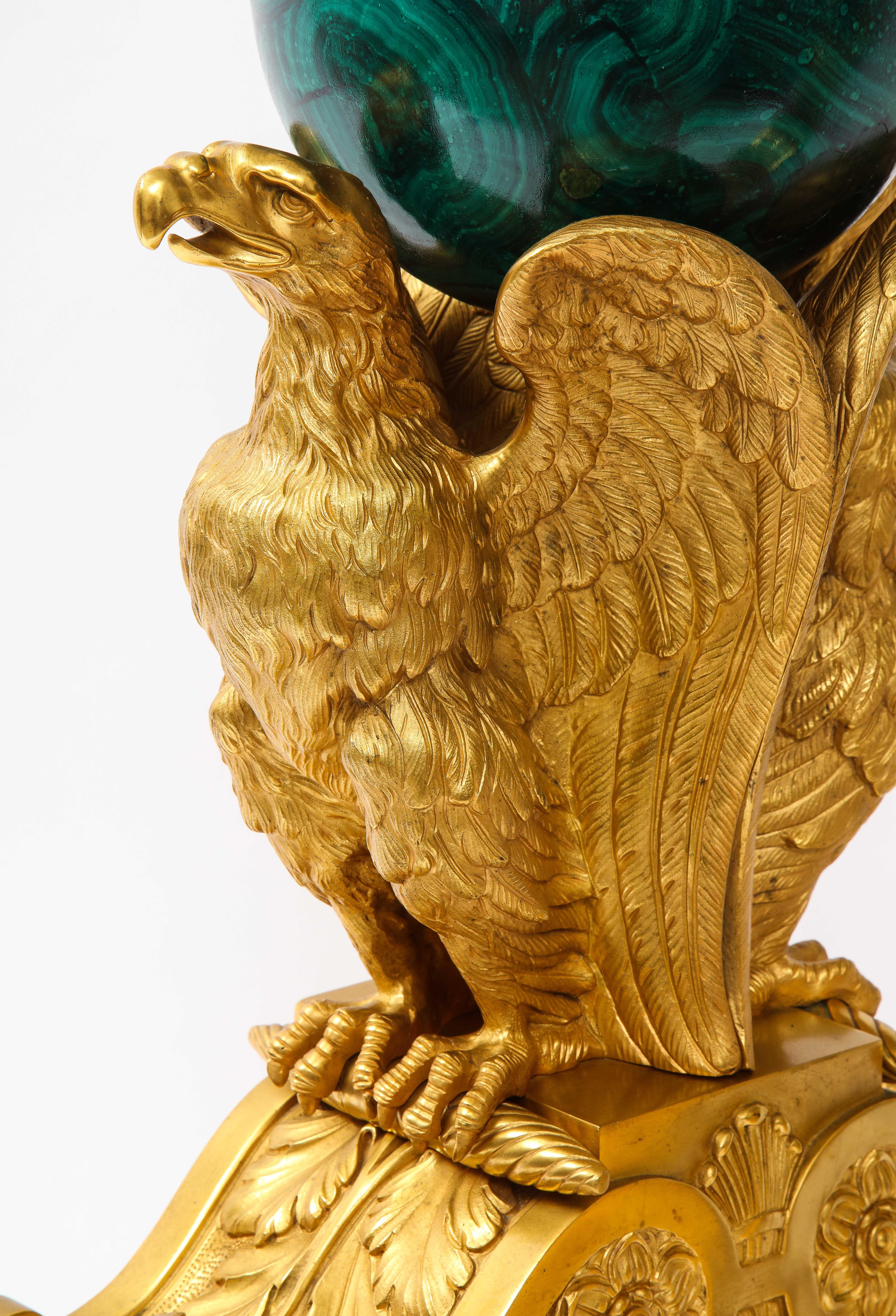 A Pair of Signed French Ormolu Double Eagle Andirons w/ Faux Malachite Globes 4