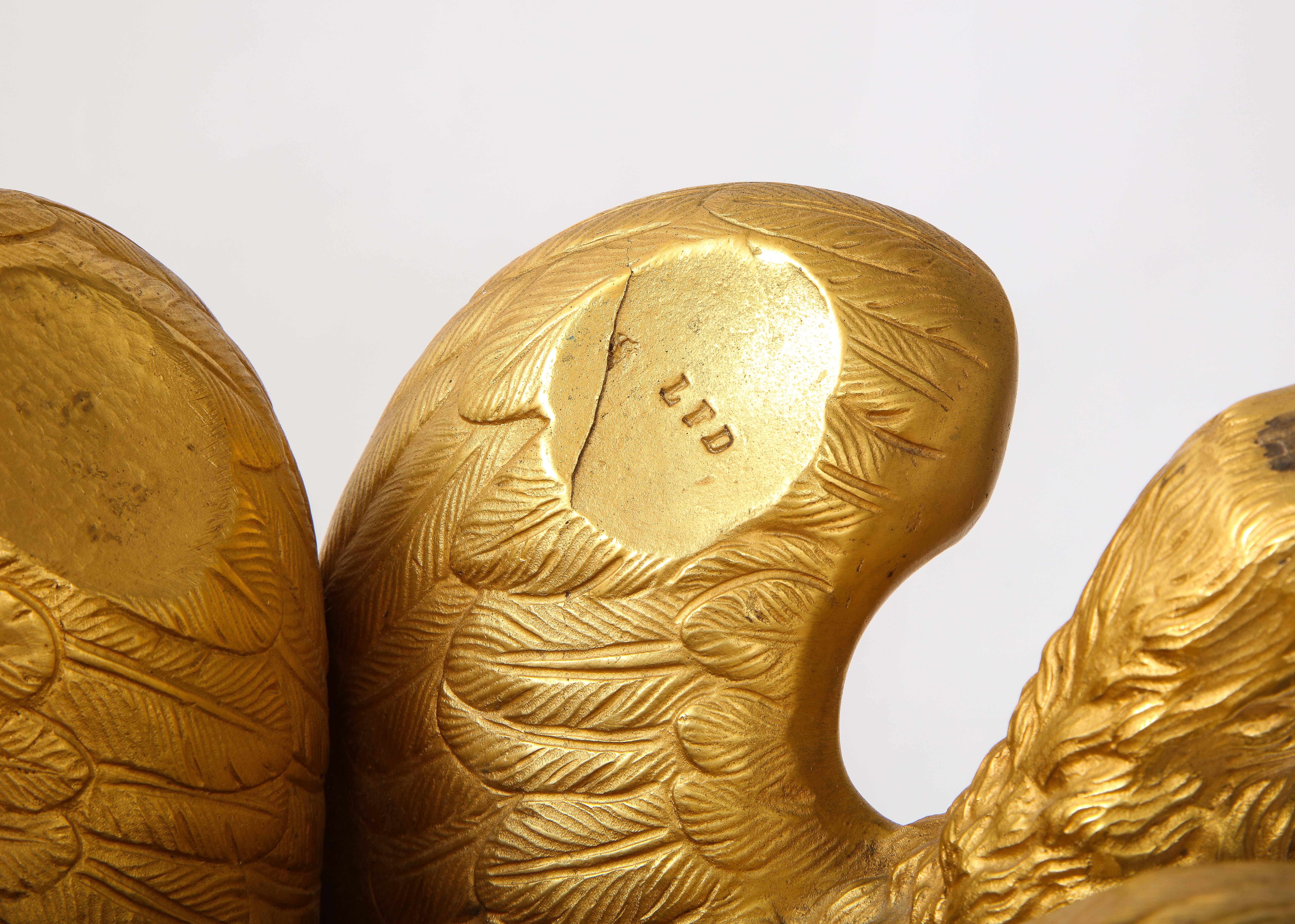 A Pair of Signed French Ormolu Double Eagle Andirons w/ Faux Malachite Globes 5