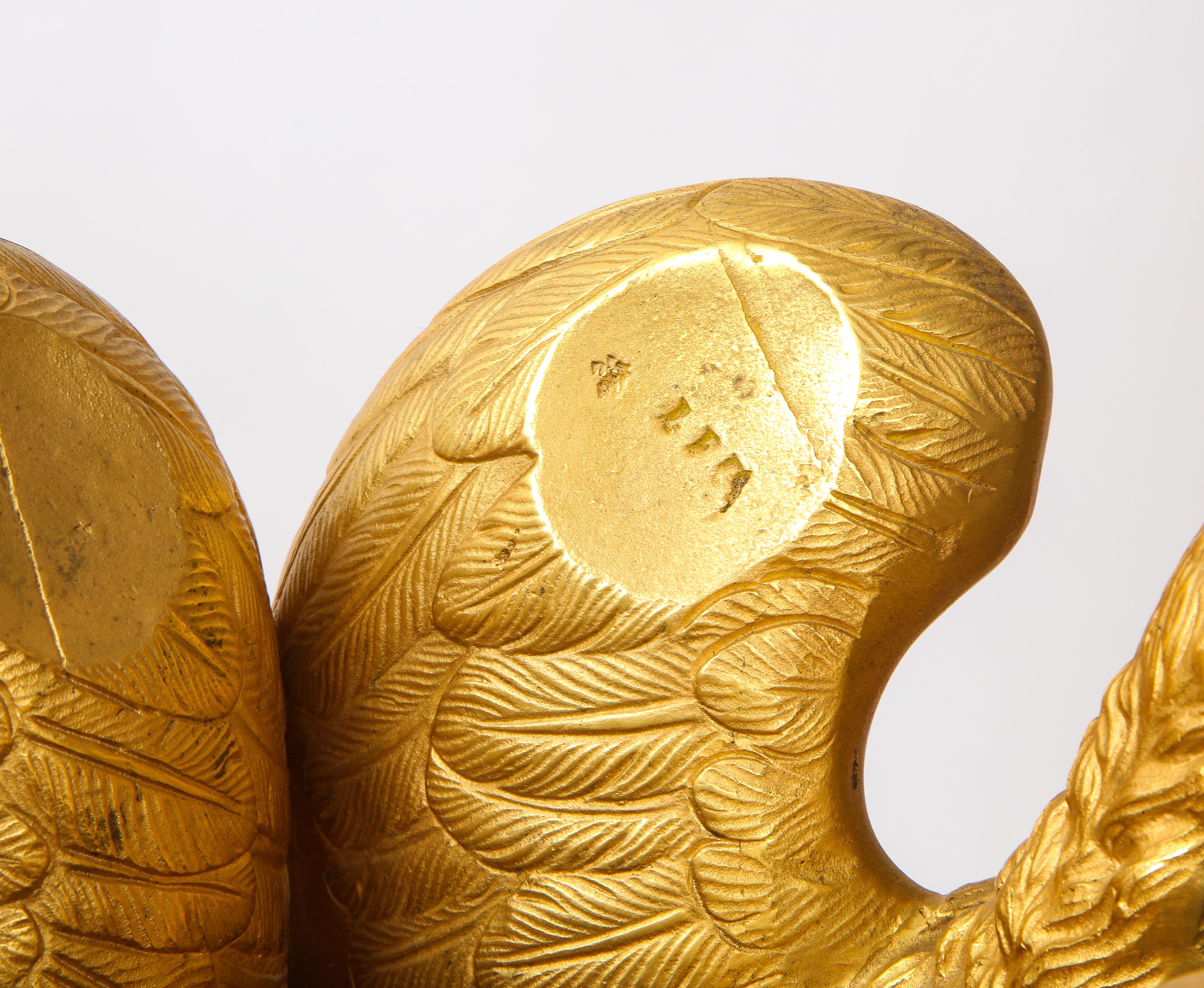 A Pair of Signed French Ormolu Double Eagle Andirons w/ Faux Malachite Globes 6