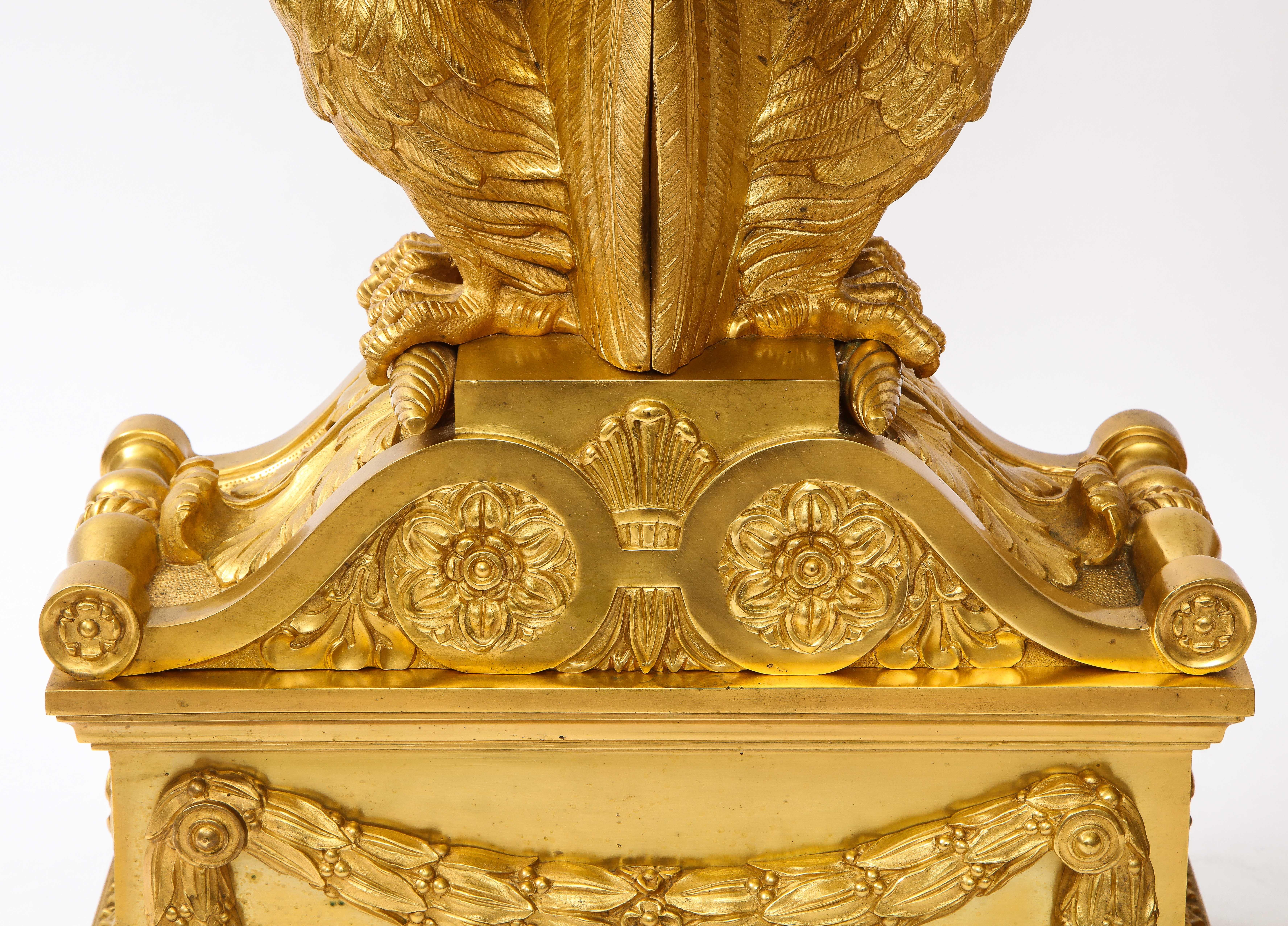 A Pair of Signed French Ormolu Double Eagle Andirons w/ Faux Malachite Globes 7