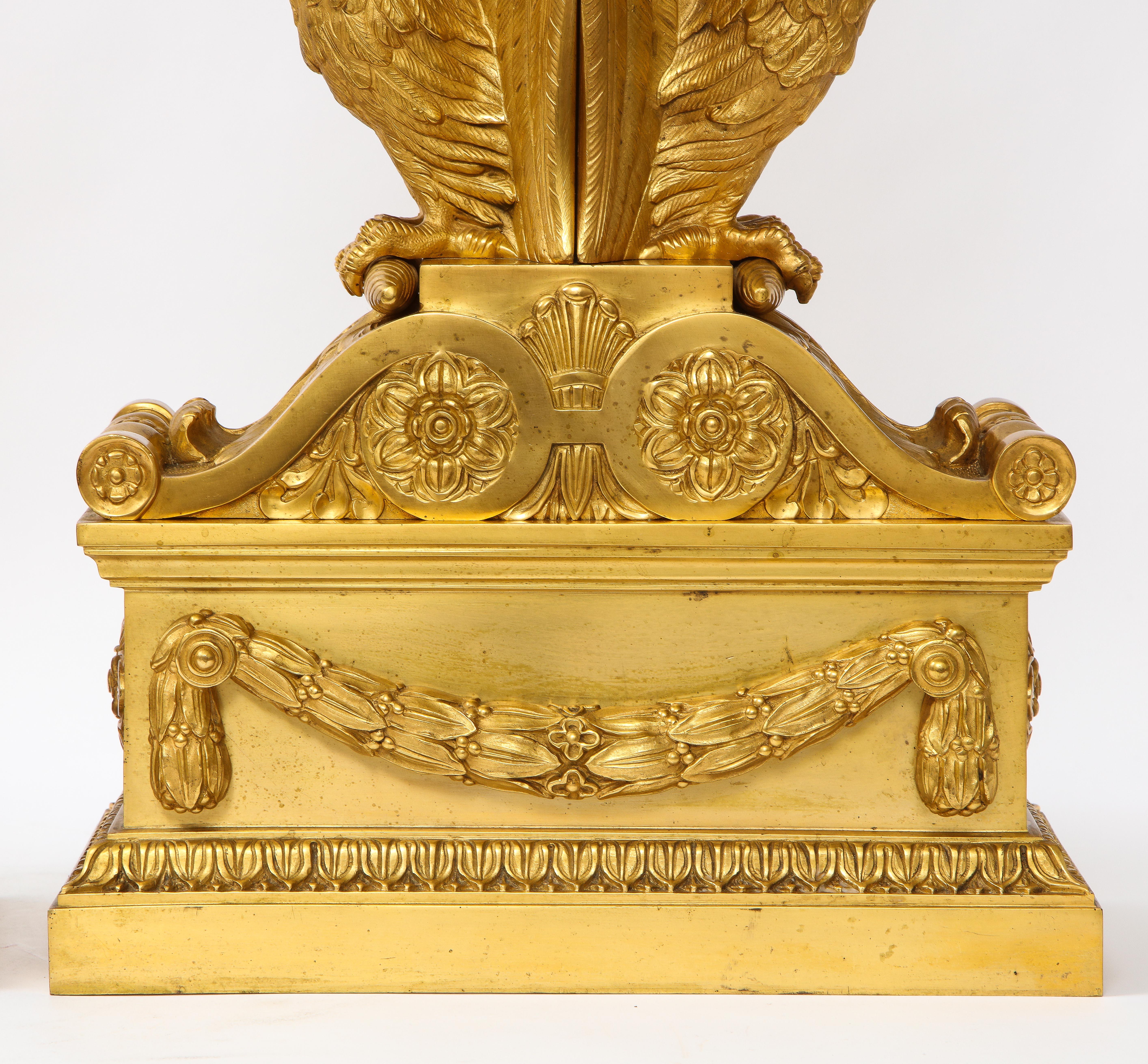 A Pair of Signed French Ormolu Double Eagle Andirons w/ Faux Malachite Globes 8