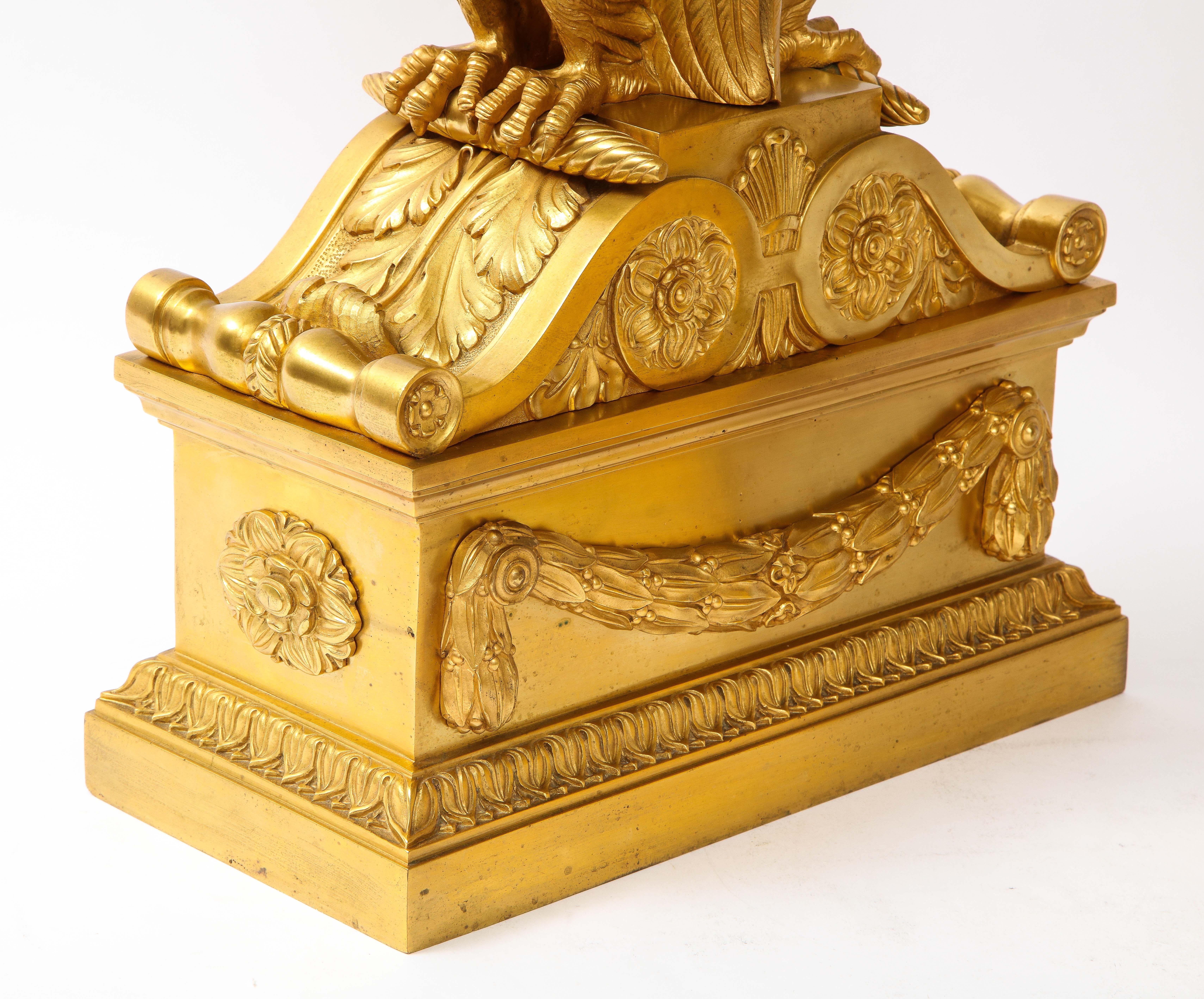 A Pair of Signed French Ormolu Double Eagle Andirons w/ Faux Malachite Globes 9