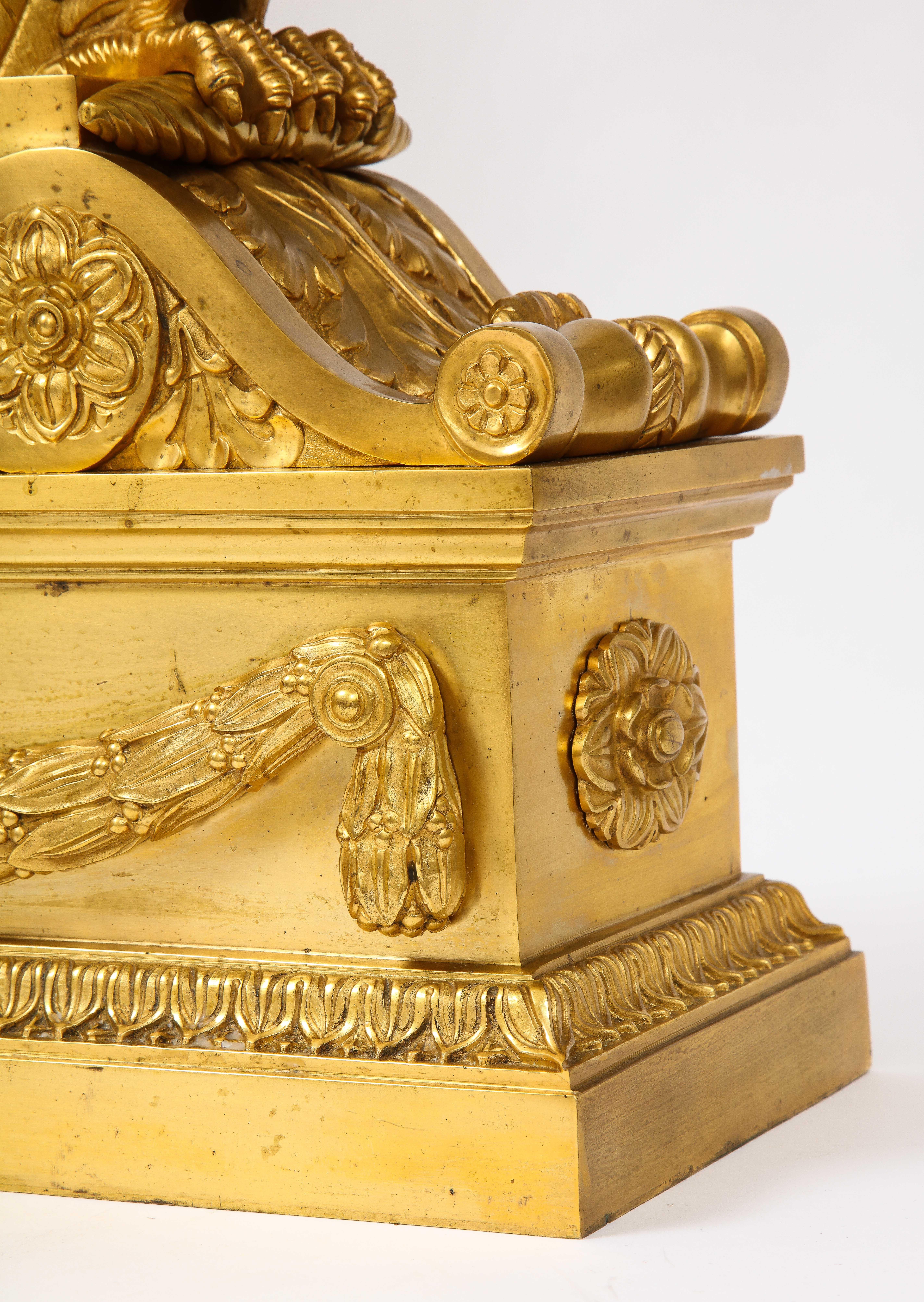 A Pair of Signed French Ormolu Double Eagle Andirons w/ Faux Malachite Globes 10
