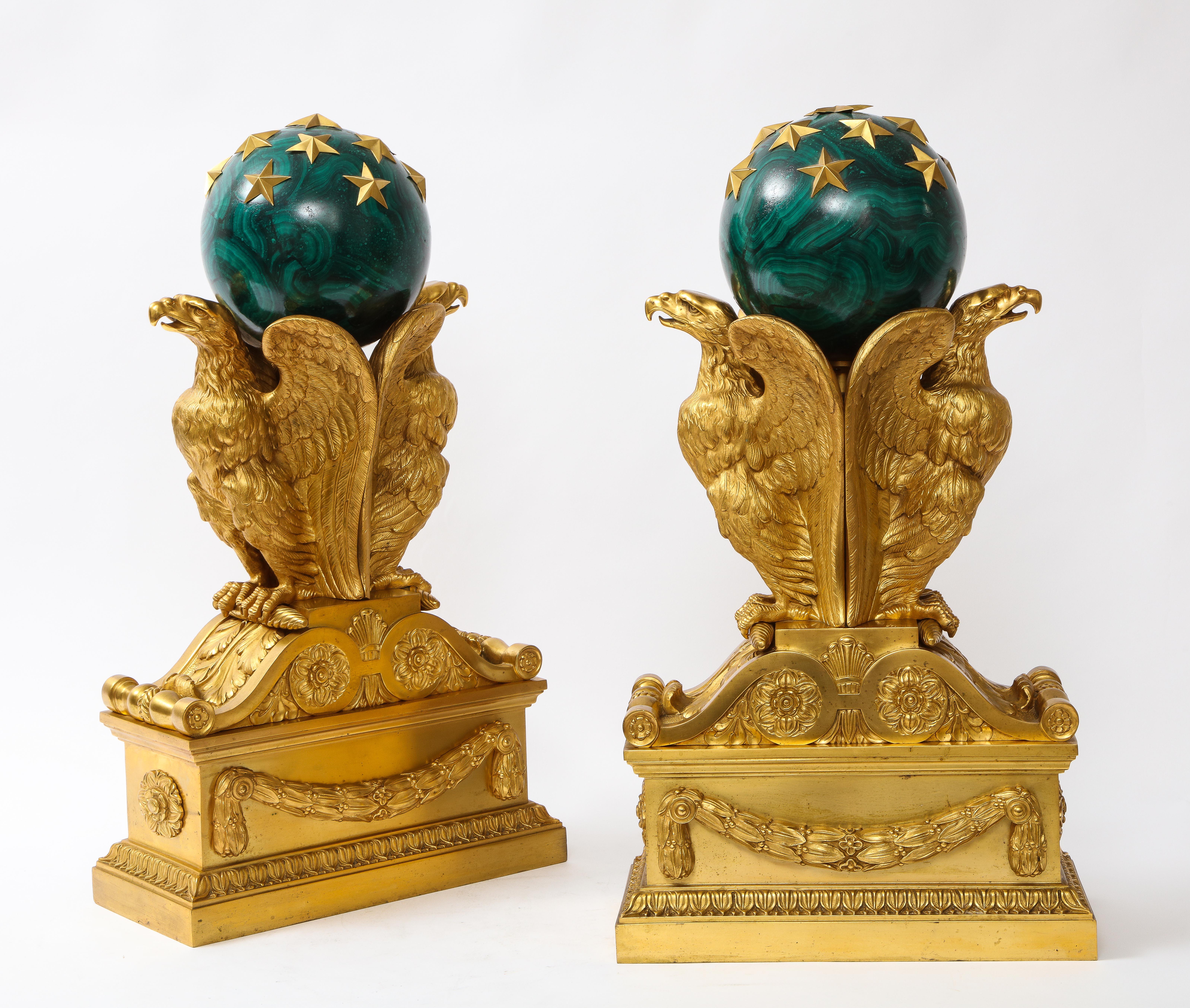 Napoleon III A Pair of Signed French Ormolu Double Eagle Andirons w/ Faux Malachite Globes