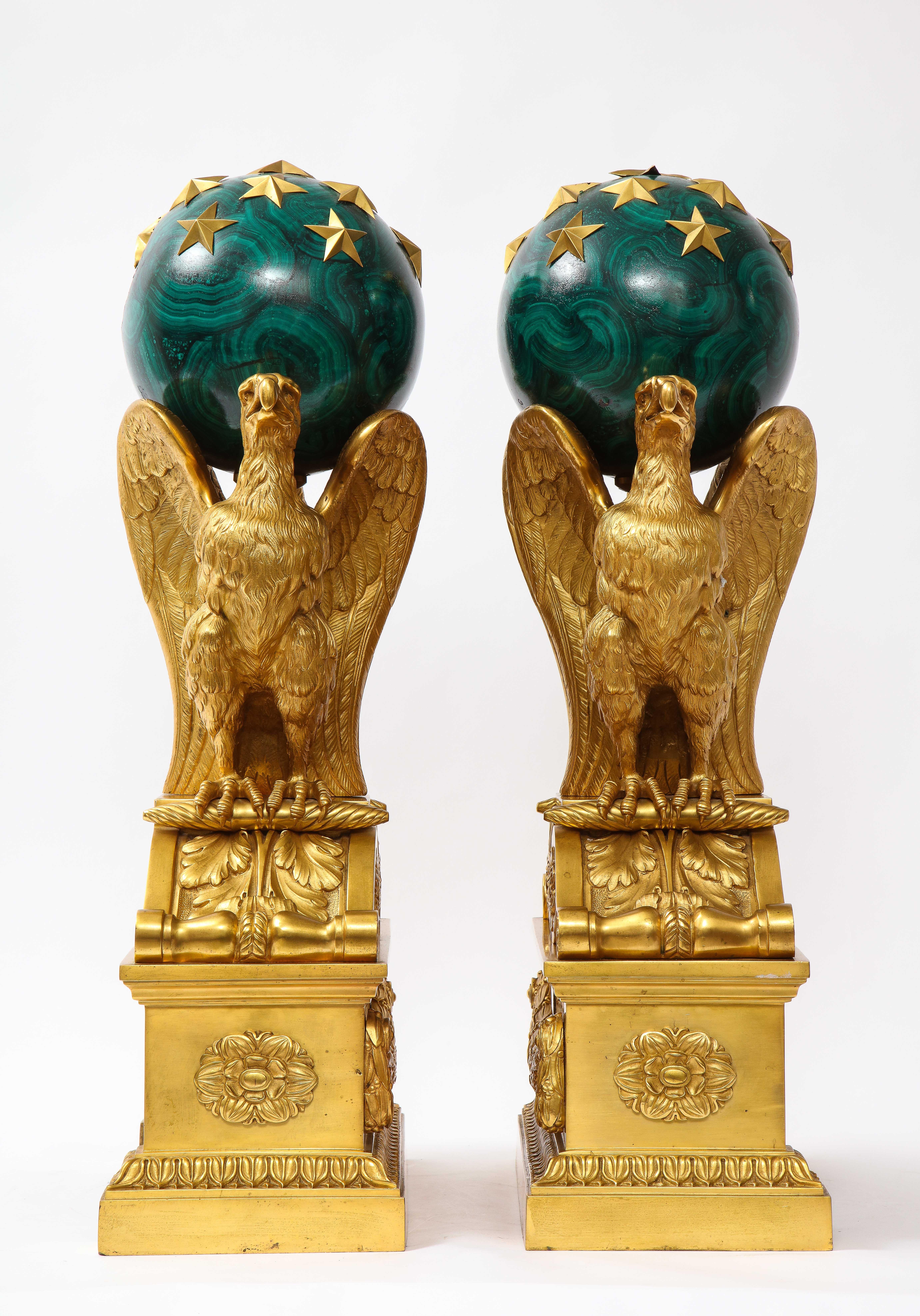 Enameled A Pair of Signed French Ormolu Double Eagle Andirons w/ Faux Malachite Globes