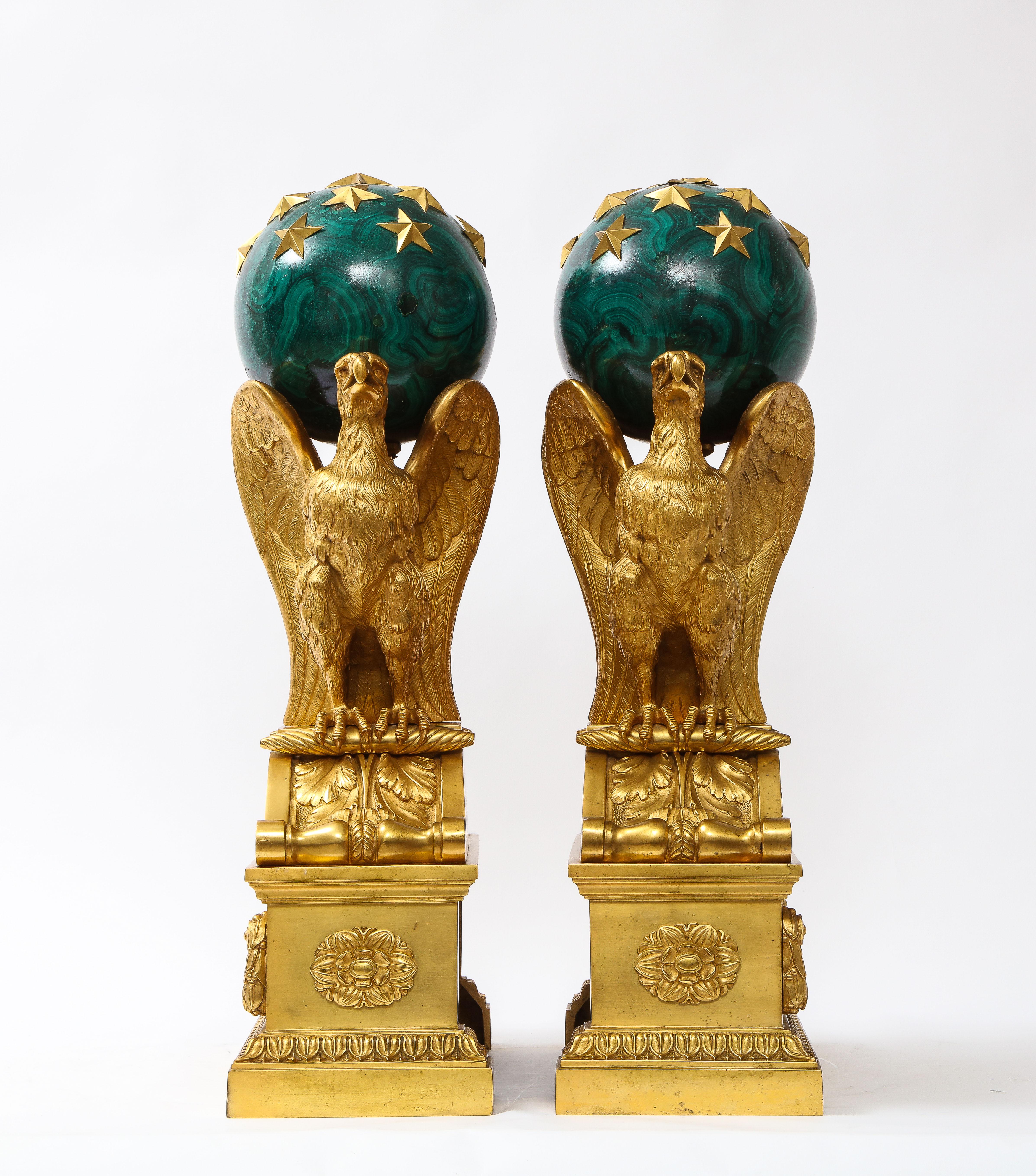A Pair of Signed French Ormolu Double Eagle Andirons w/ Faux Malachite Globes In Good Condition In New York, NY