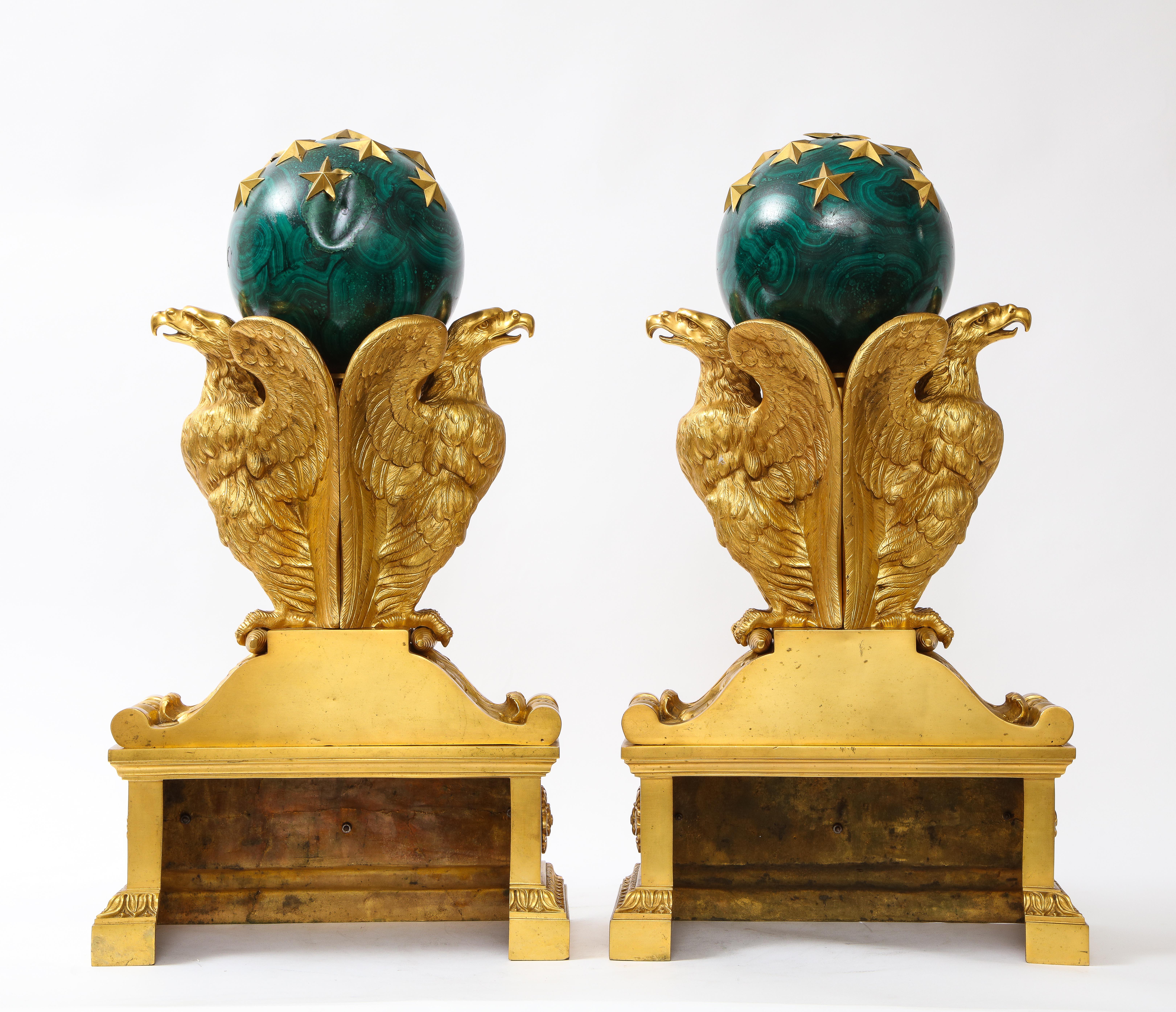 Mid-19th Century A Pair of Signed French Ormolu Double Eagle Andirons w/ Faux Malachite Globes