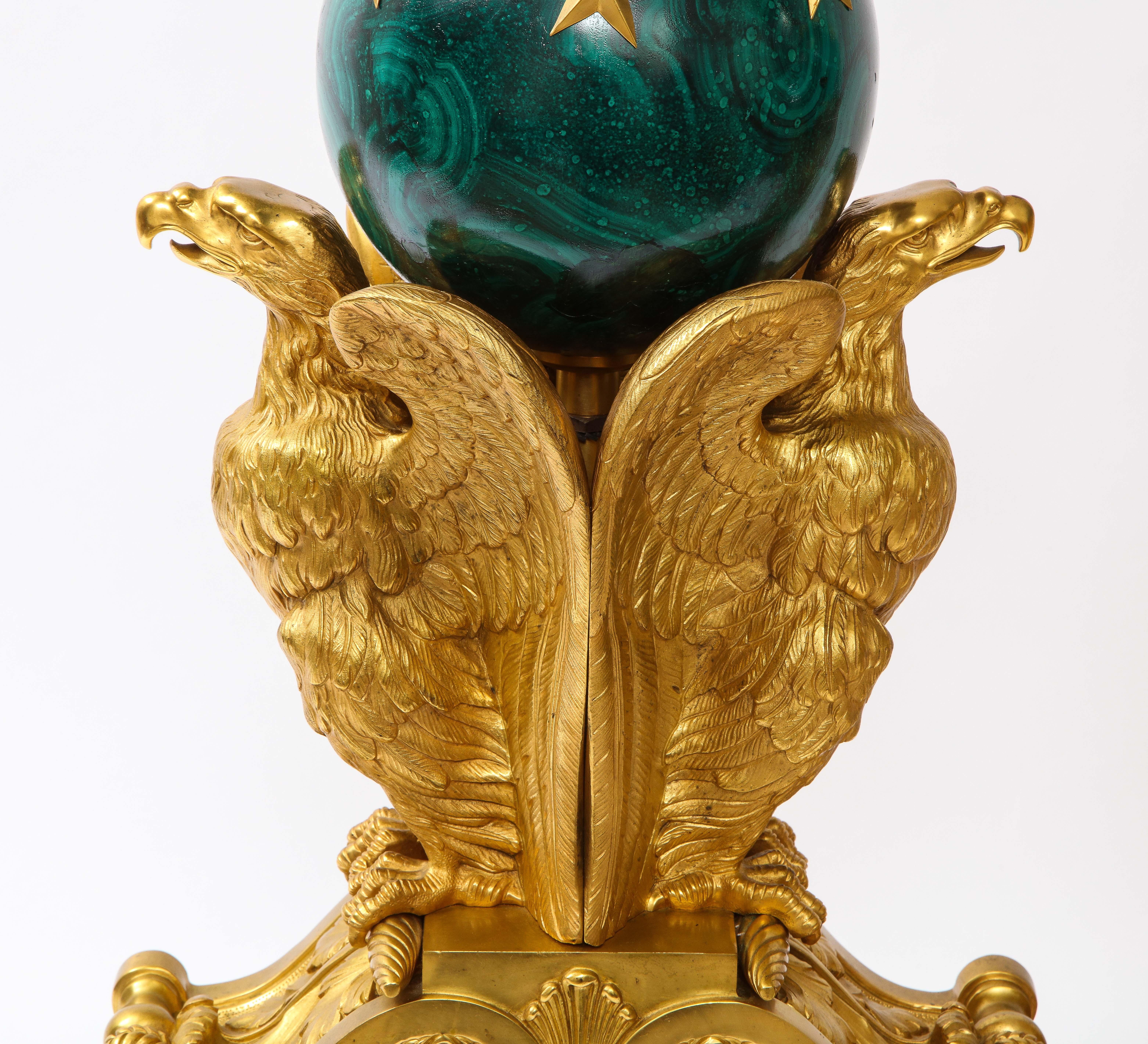 A Pair of Signed French Ormolu Double Eagle Andirons w/ Faux Malachite Globes 1
