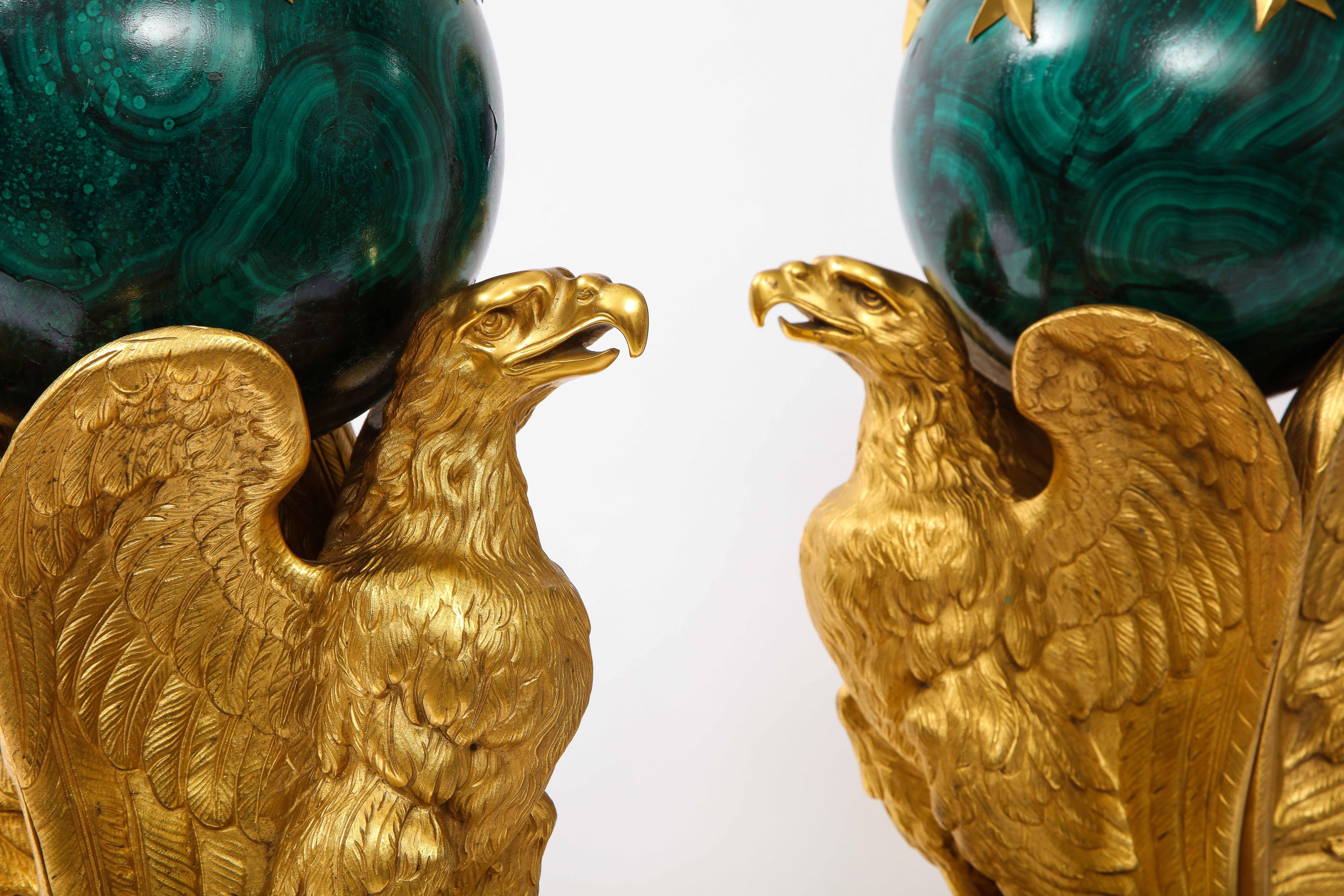 A Pair of Signed French Ormolu Double Eagle Andirons w/ Faux Malachite Globes 2