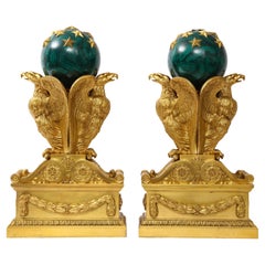 A Pair of Signed French Ormolu Double Eagle Andirons w/ Faux Malachite Globes