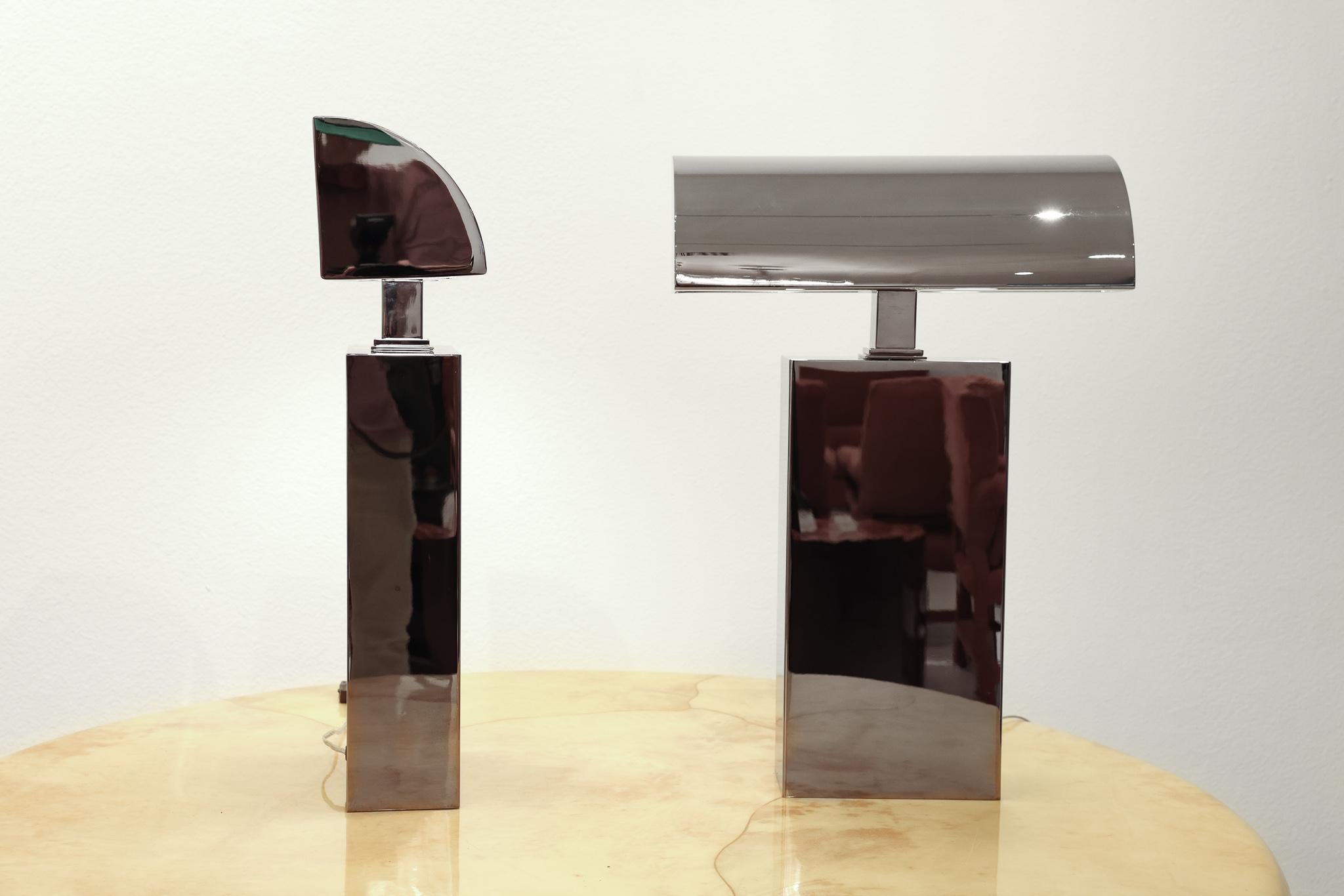 Anodized Pair of Signed Karl Springer Sculpture Lamps in a Gunmetal Finish