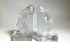 A Pair of Signed Lalique Crystal Figural Nude Bookends, Art Deco 1930's