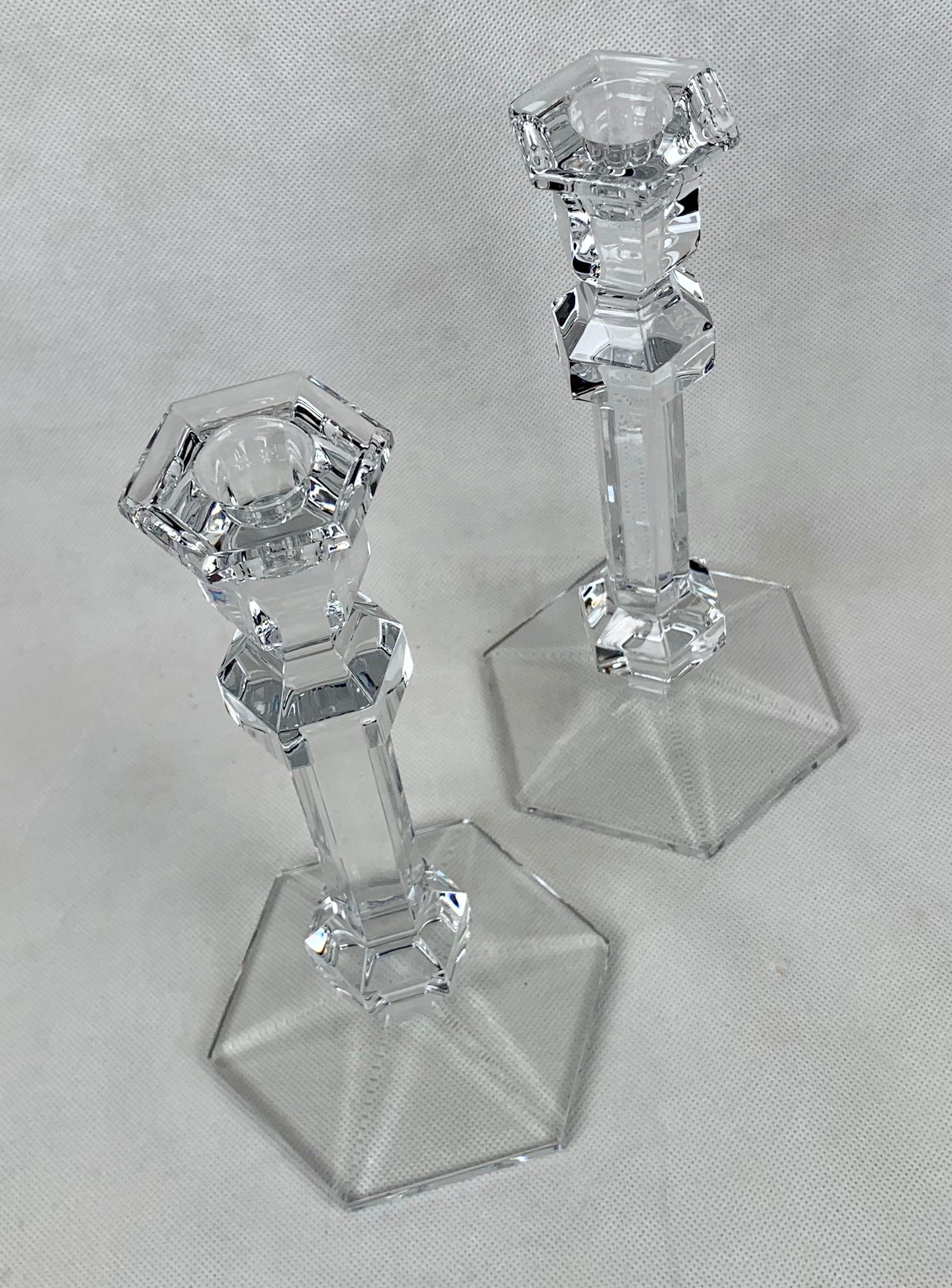 Original matched pair of clear crystal candlesticks in the Galatée pattern. Both candlesticks have the acid etched makers mark on the hexagonal base. Founded in 1826 Val St. Lambert became to Belgium what Baccarat became to France.
They received the