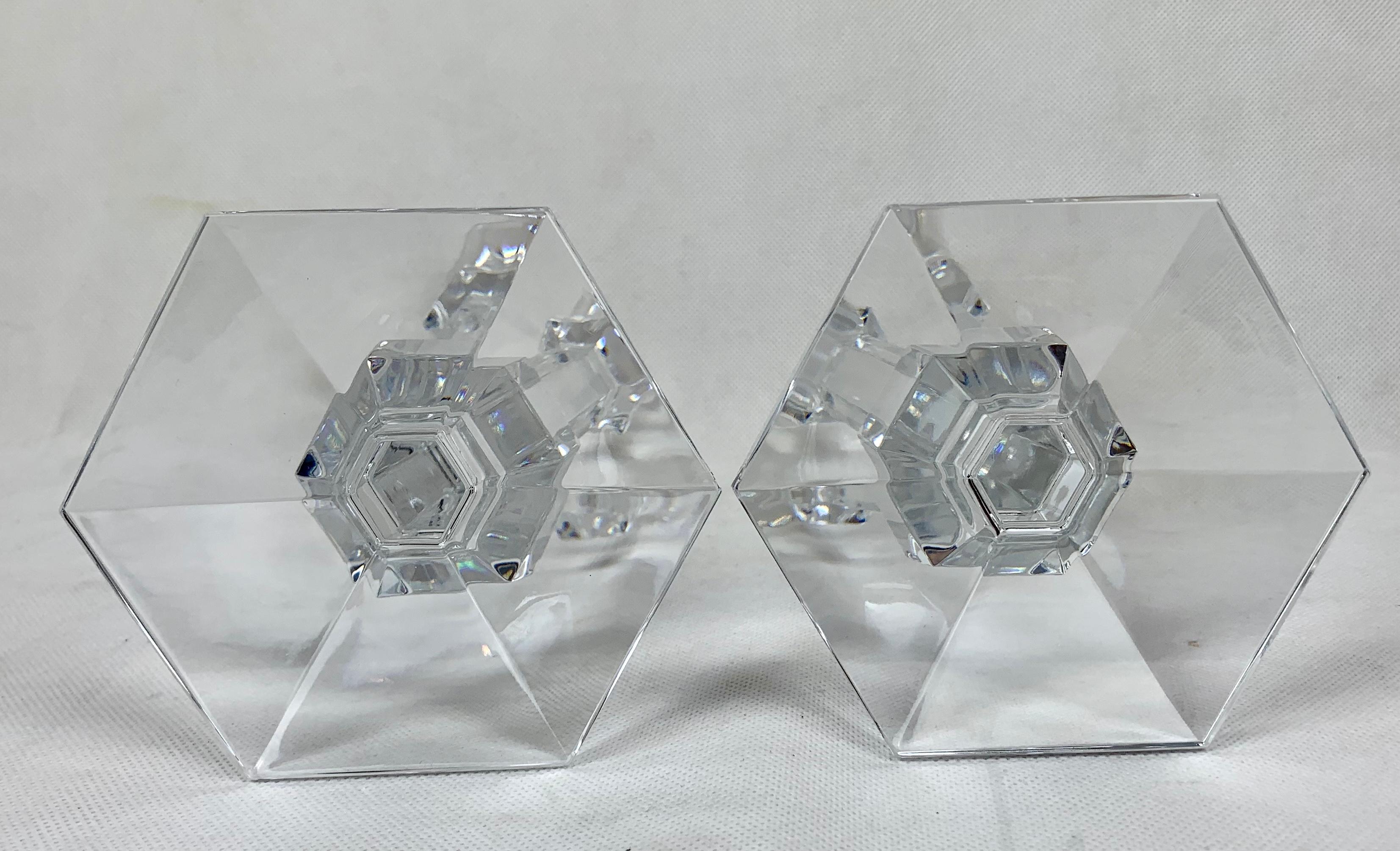 A Pair of Signed Val St. Lambert Crystal Candlesticks-Galatée Pattern In Good Condition In West Palm Beach, FL