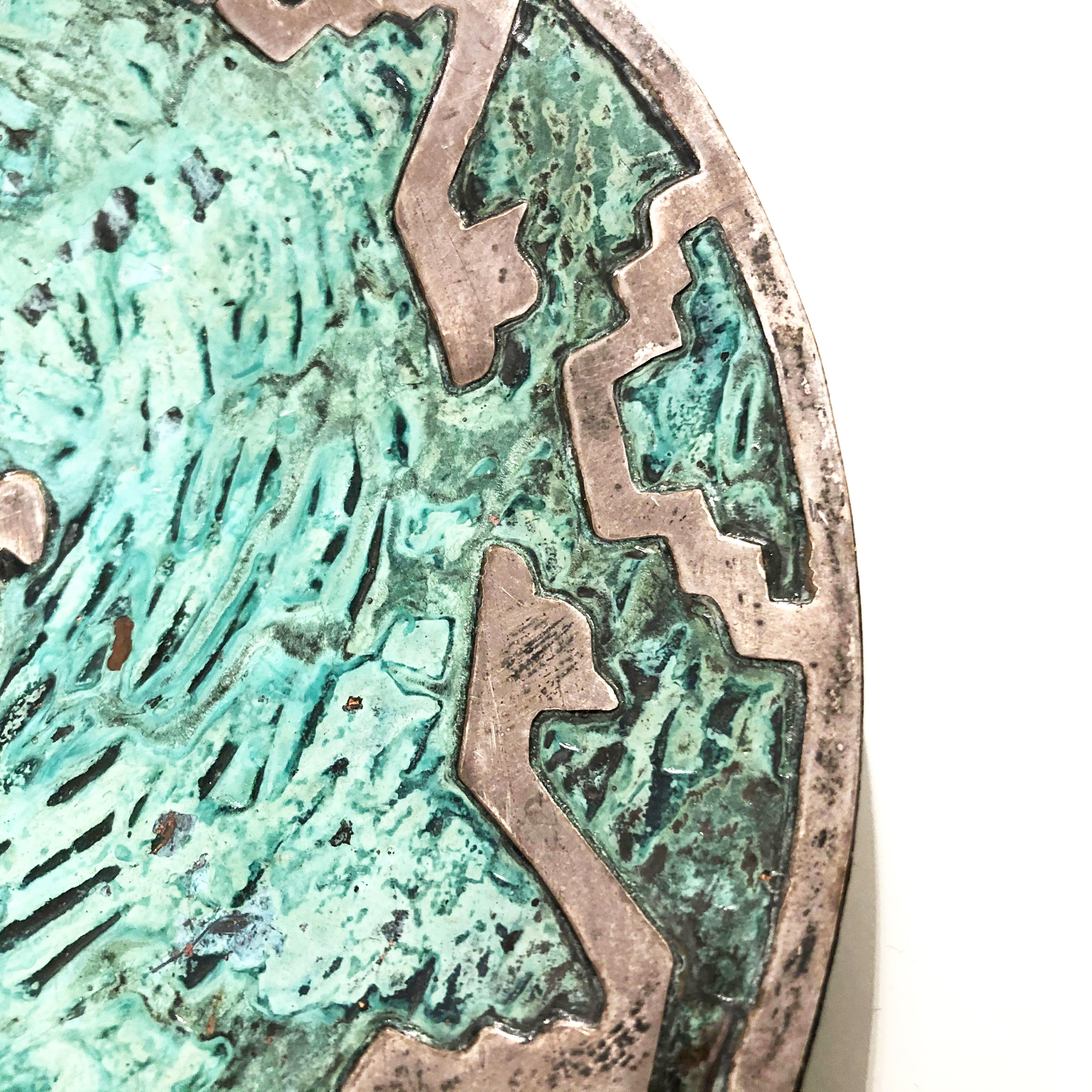 Sterling Silver Pair of Silver and Turquoise on Copper Plates Attributed to Graziella Laffi For Sale