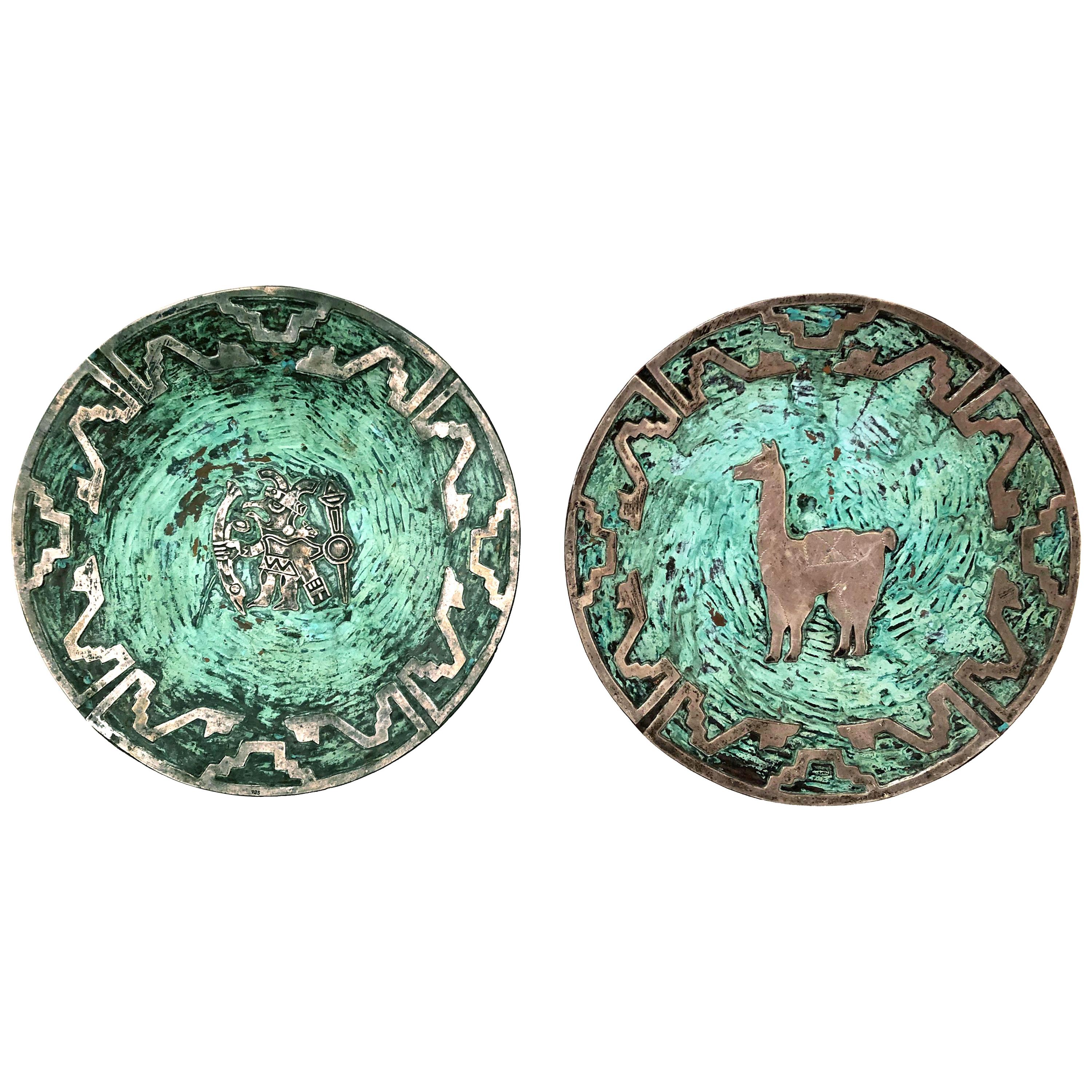 Paar Silber- und Türkisplatten auf Kupfertellern, Graziella Laffi zugeschrieben im Angebot