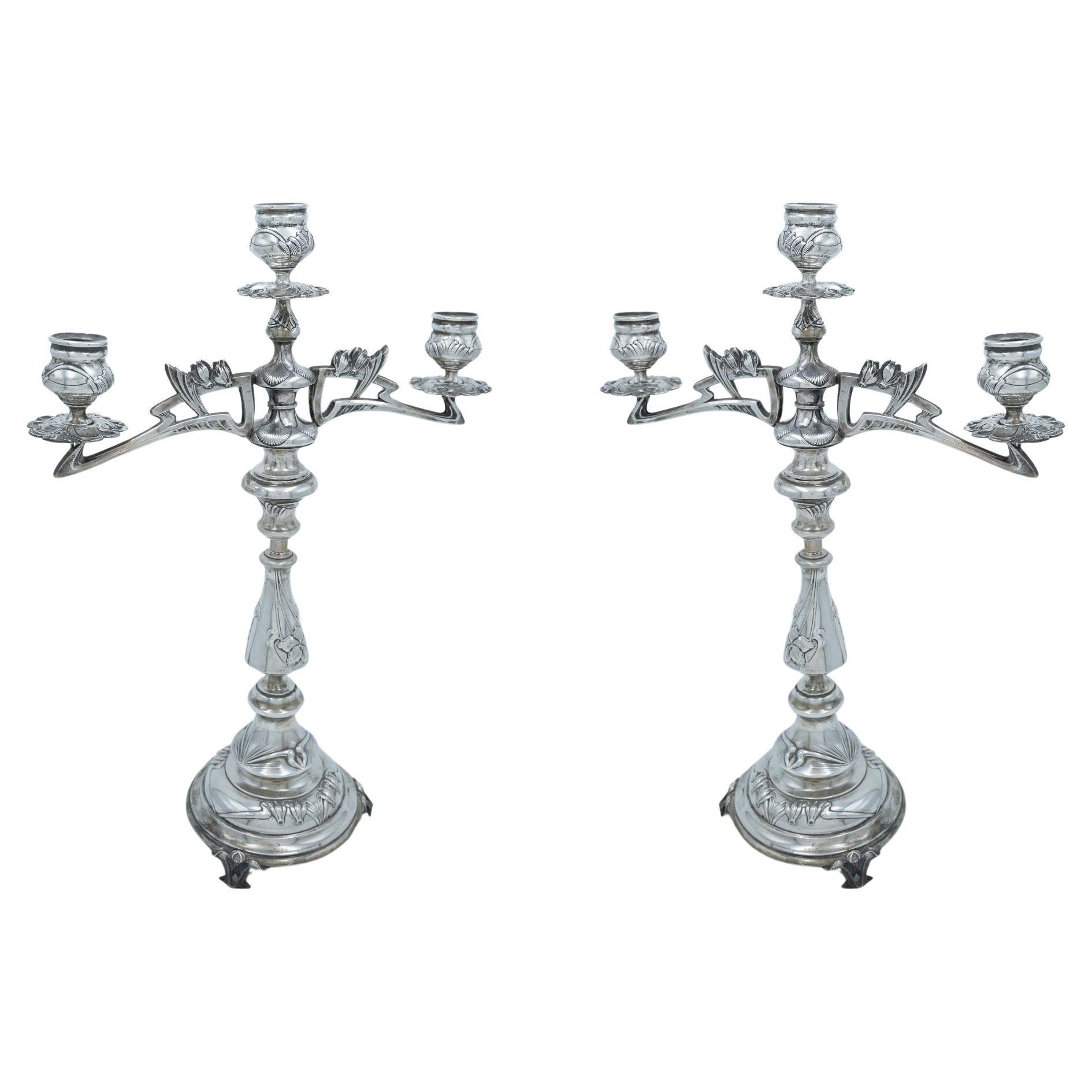 Coppia di candelabri Art Nouveau in argento di Eduard Friedman, Vienna, circa 1910