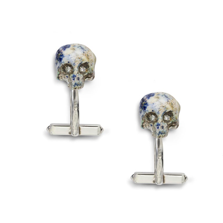 Contemporary Pair of Silver, Enamel and Diamond Skull Cufflinks For Sale