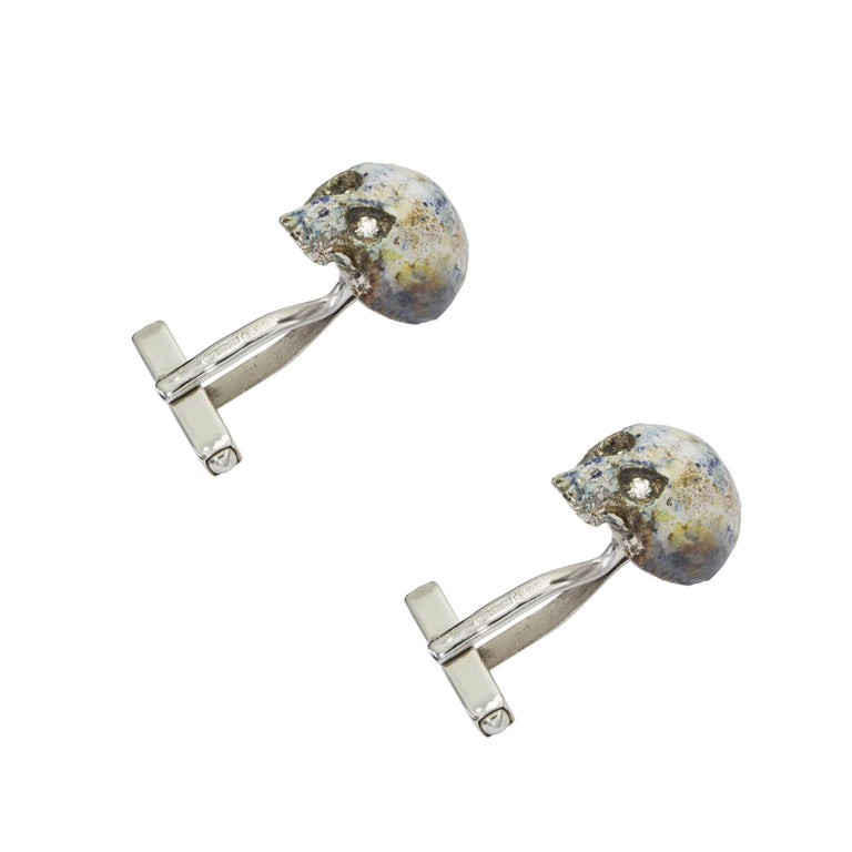 Rose Cut Pair of Silver, Enamel and Diamond Skull Cufflinks For Sale