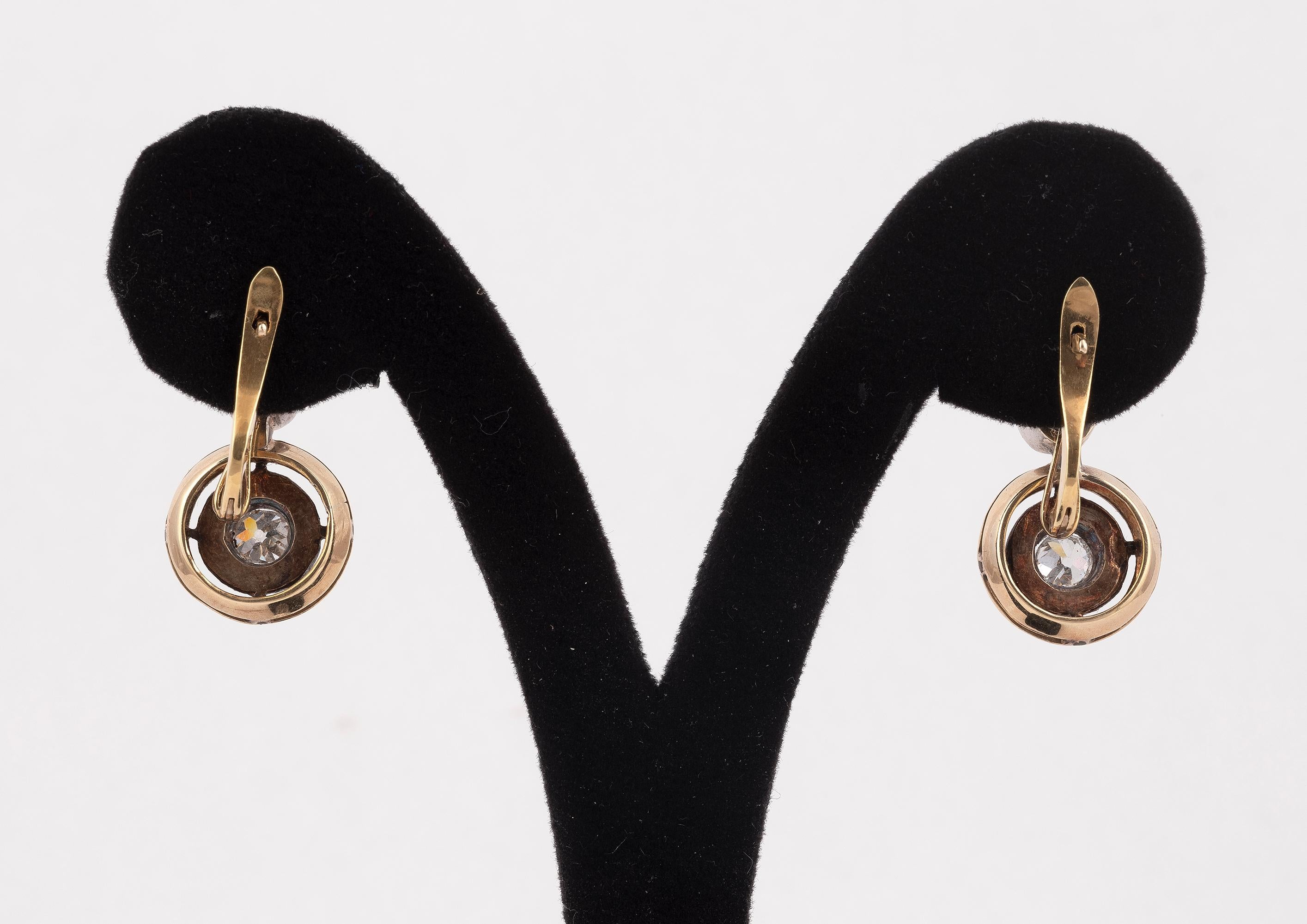 Old European Cut Pair of Silver Gold and Diamond Earrings For Sale
