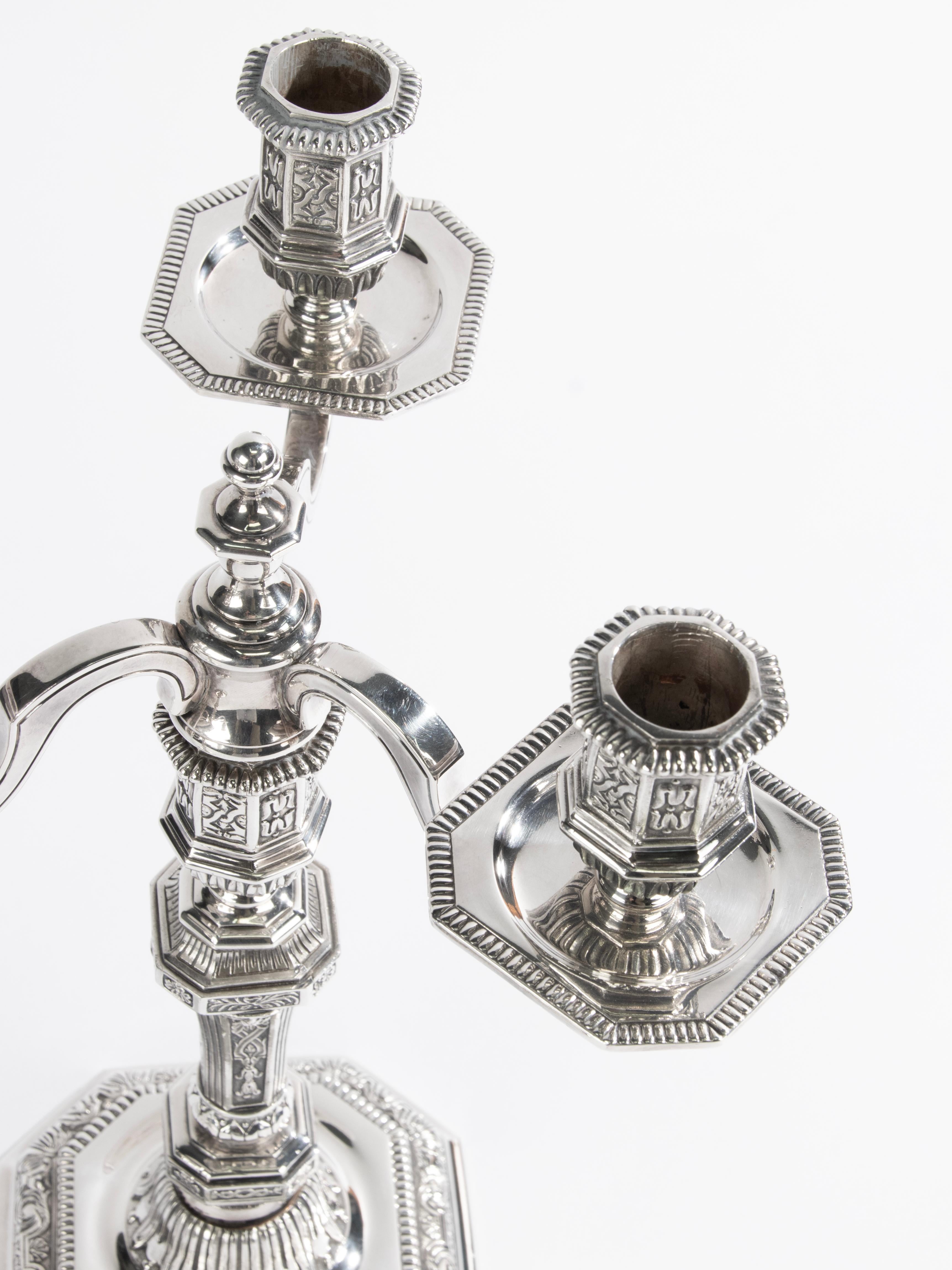 Paire de candélabres en métal argenté - Christofle - Renaissance - Louis Dupérier en vente 3